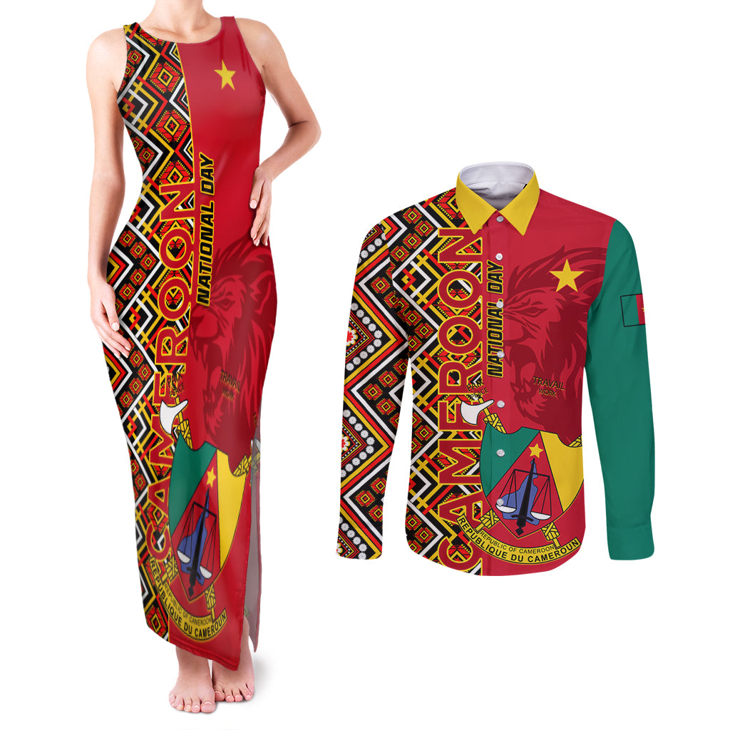 Cameroon National Day Couples Matching Tank Maxi Dress and Long Sleeve Button Shirt Cameroun Coat Of Arms Ankara Pattern - Wonder Print Shop