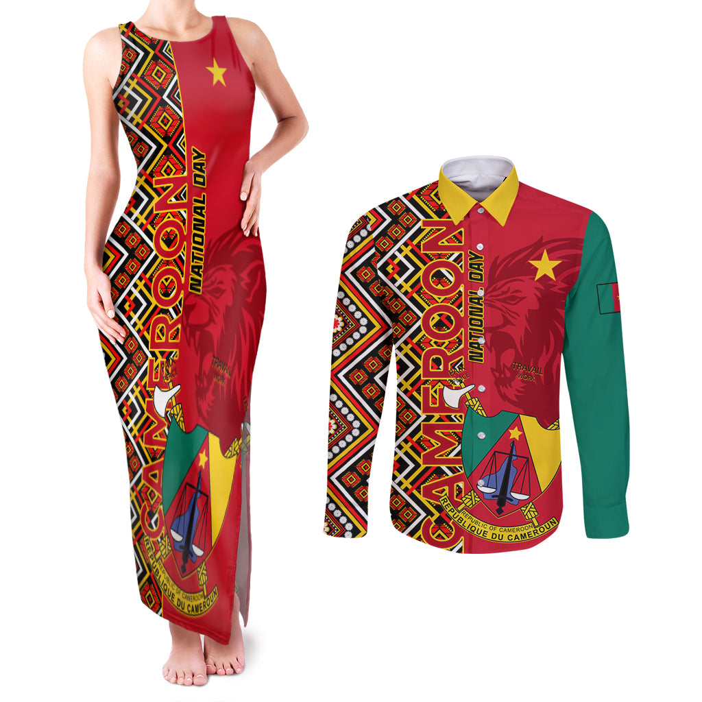 Cameroon National Day Couples Matching Tank Maxi Dress and Long Sleeve Button Shirt Cameroun Coat Of Arms Ankara Pattern