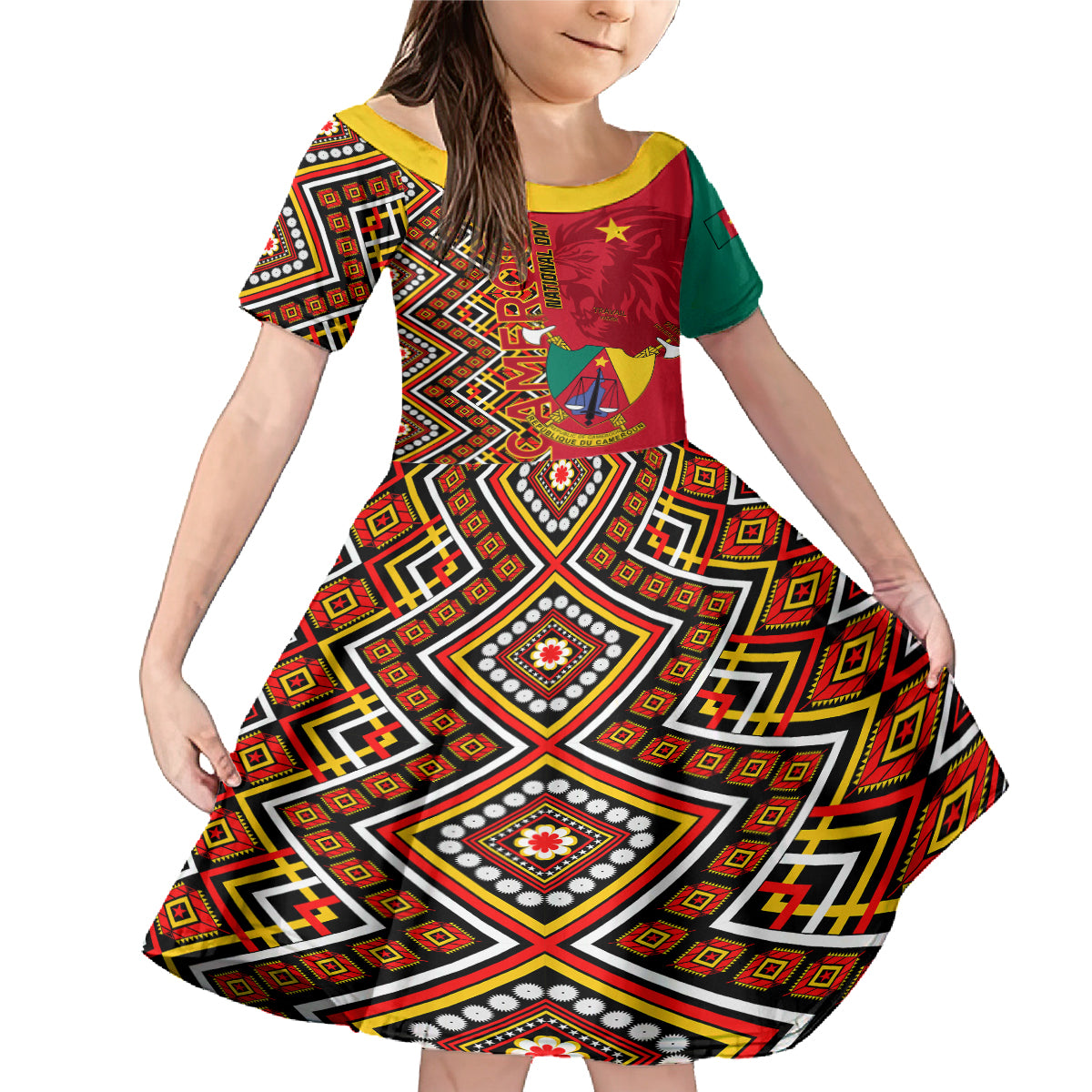 Cameroon National Day Family Matching Mermaid Dress and Hawaiian Shirt Cameroun Coat Of Arms Ankara Pattern - Wonder Print Shop