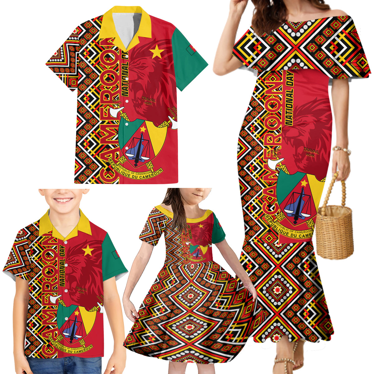 Cameroon National Day Family Matching Mermaid Dress and Hawaiian Shirt Cameroun Coat Of Arms Ankara Pattern - Wonder Print Shop
