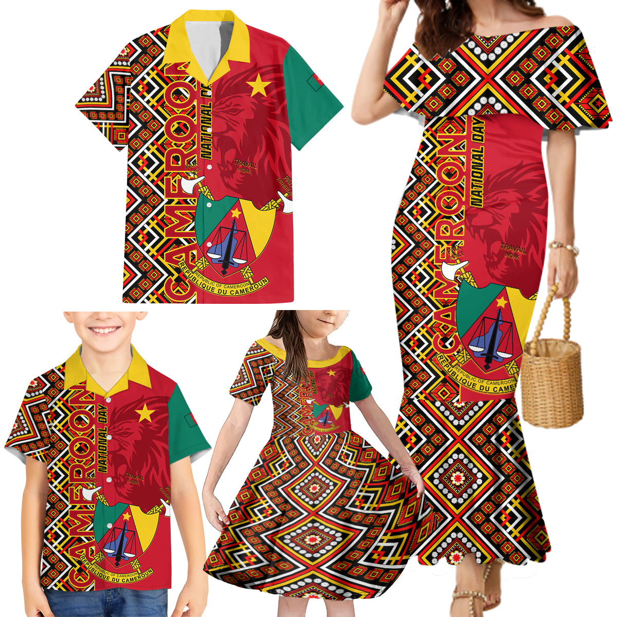 Cameroon National Day Family Matching Mermaid Dress and Hawaiian Shirt Cameroun Coat Of Arms Ankara Pattern