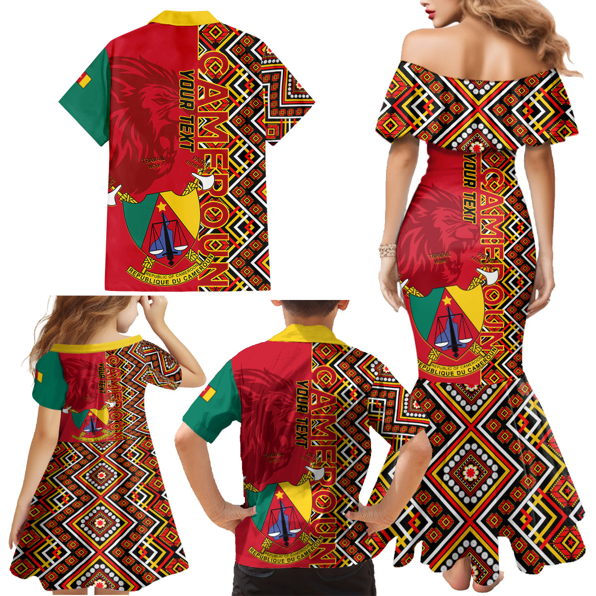 Cameroon National Day Family Matching Mermaid Dress and Hawaiian Shirt Cameroun Coat Of Arms Ankara Pattern - Wonder Print Shop