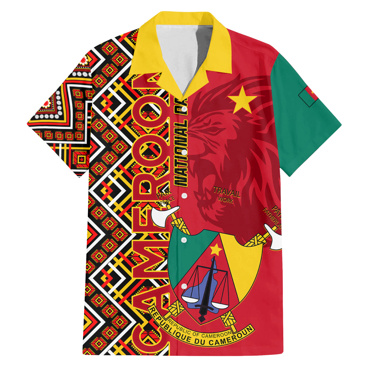 Cameroon National Day Family Matching Mermaid Dress and Hawaiian Shirt Cameroun Coat Of Arms Ankara Pattern - Wonder Print Shop