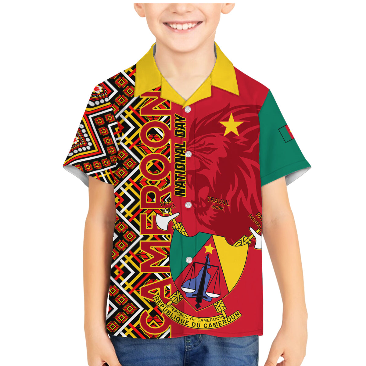 Cameroon National Day Family Matching Mermaid Dress and Hawaiian Shirt Cameroun Coat Of Arms Ankara Pattern - Wonder Print Shop