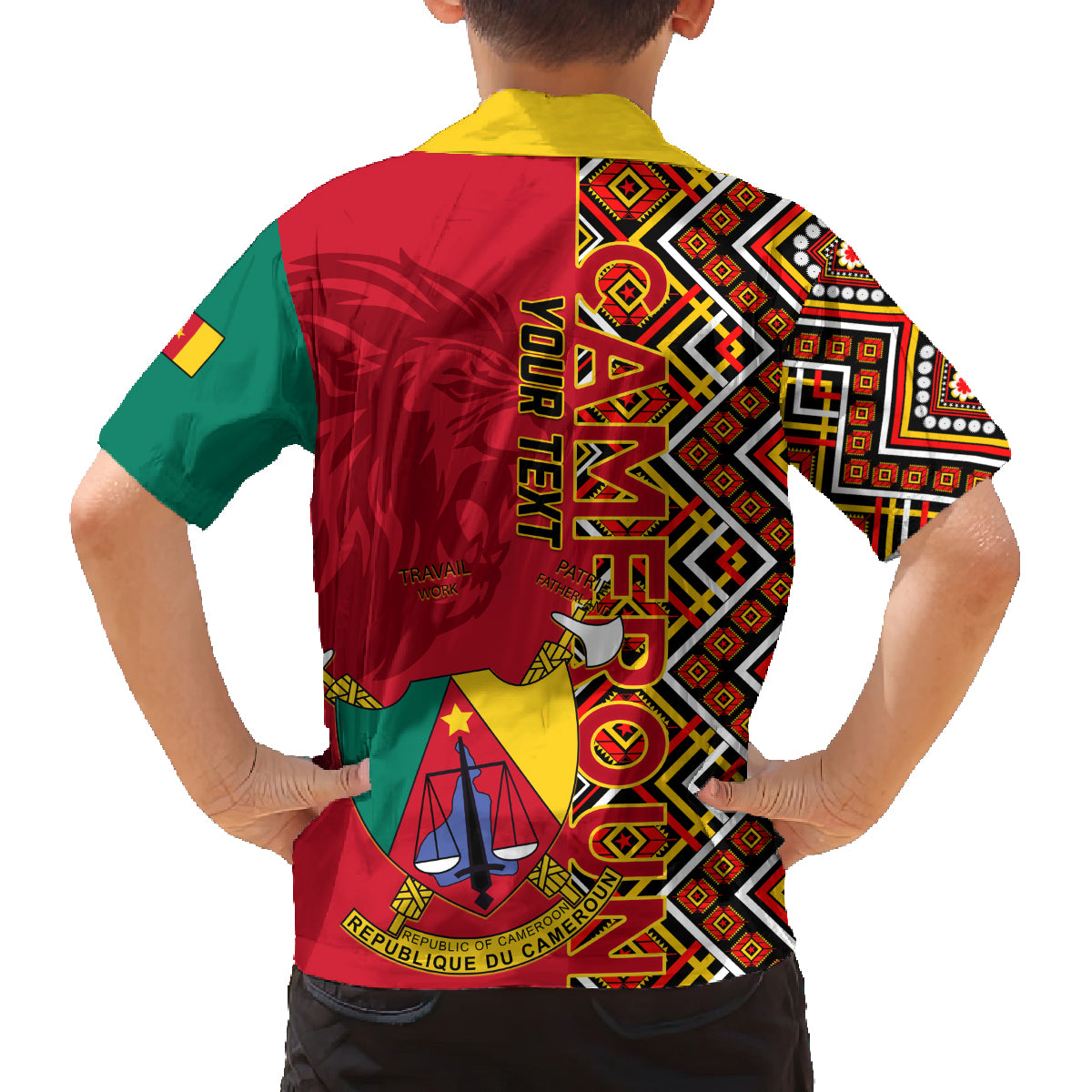 Cameroon National Day Family Matching Off Shoulder Long Sleeve Dress and Hawaiian Shirt Cameroun Coat Of Arms Ankara Pattern - Wonder Print Shop