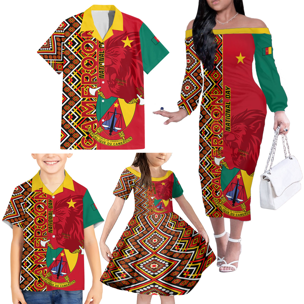 Cameroon National Day Family Matching Off Shoulder Long Sleeve Dress and Hawaiian Shirt Cameroun Coat Of Arms Ankara Pattern