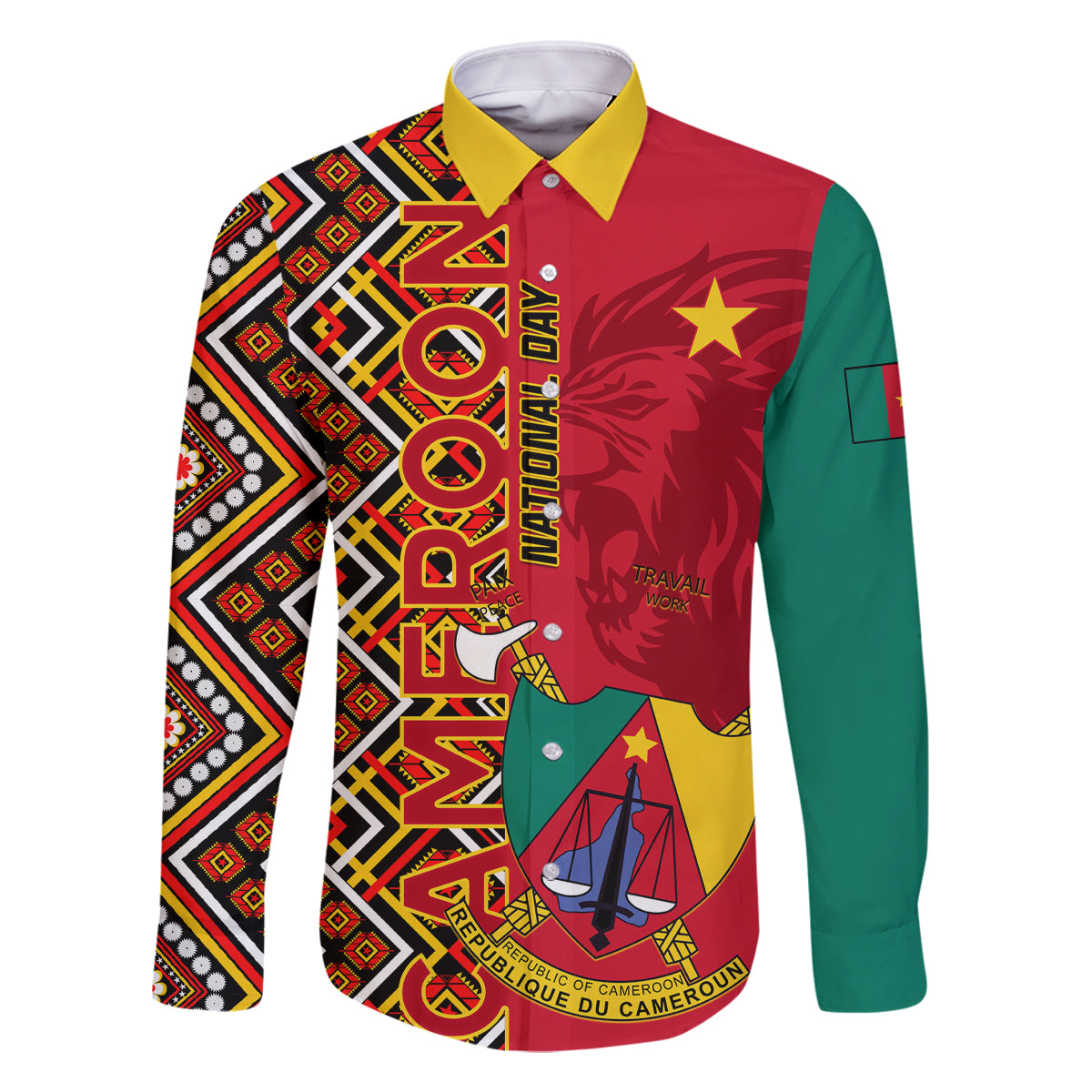 Cameroon National Day Family Matching Off Shoulder Long Sleeve Dress and Hawaiian Shirt Cameroun Coat Of Arms Ankara Pattern - Wonder Print Shop
