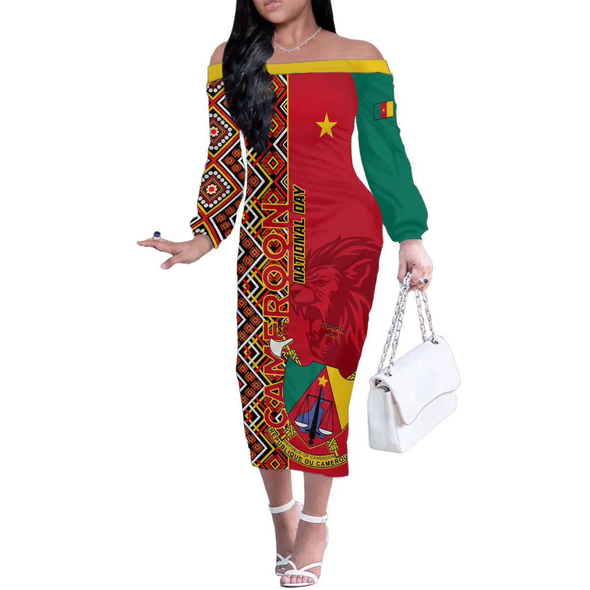 Cameroon National Day Family Matching Off Shoulder Long Sleeve Dress and Hawaiian Shirt Cameroun Coat Of Arms Ankara Pattern - Wonder Print Shop