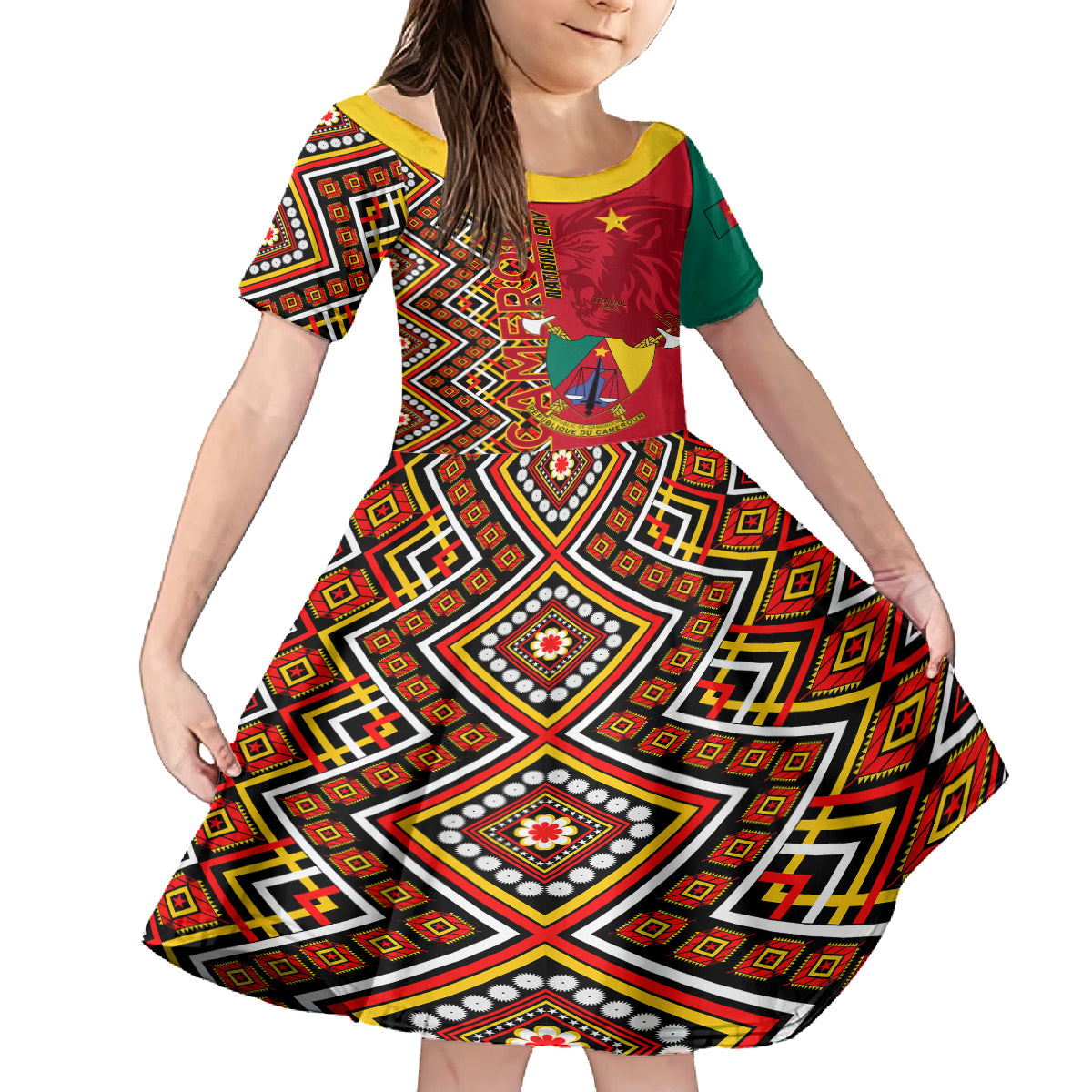 Cameroon National Day Family Matching Off Shoulder Maxi Dress and Hawaiian Shirt Cameroun Coat Of Arms Ankara Pattern - Wonder Print Shop