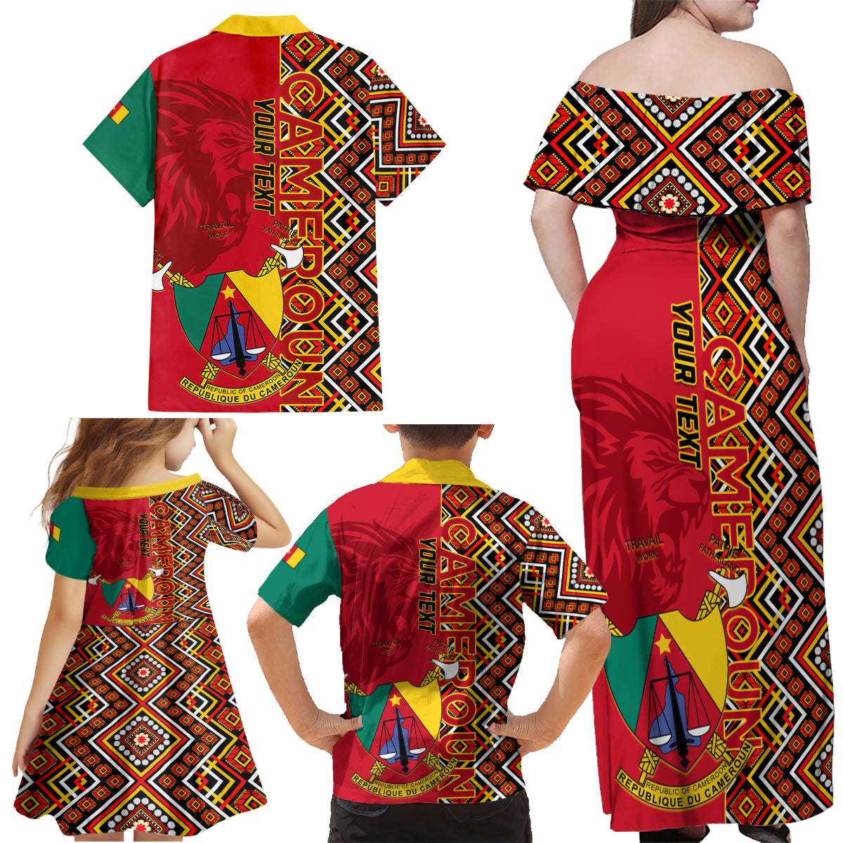 Cameroon National Day Family Matching Off Shoulder Maxi Dress and Hawaiian Shirt Cameroun Coat Of Arms Ankara Pattern - Wonder Print Shop