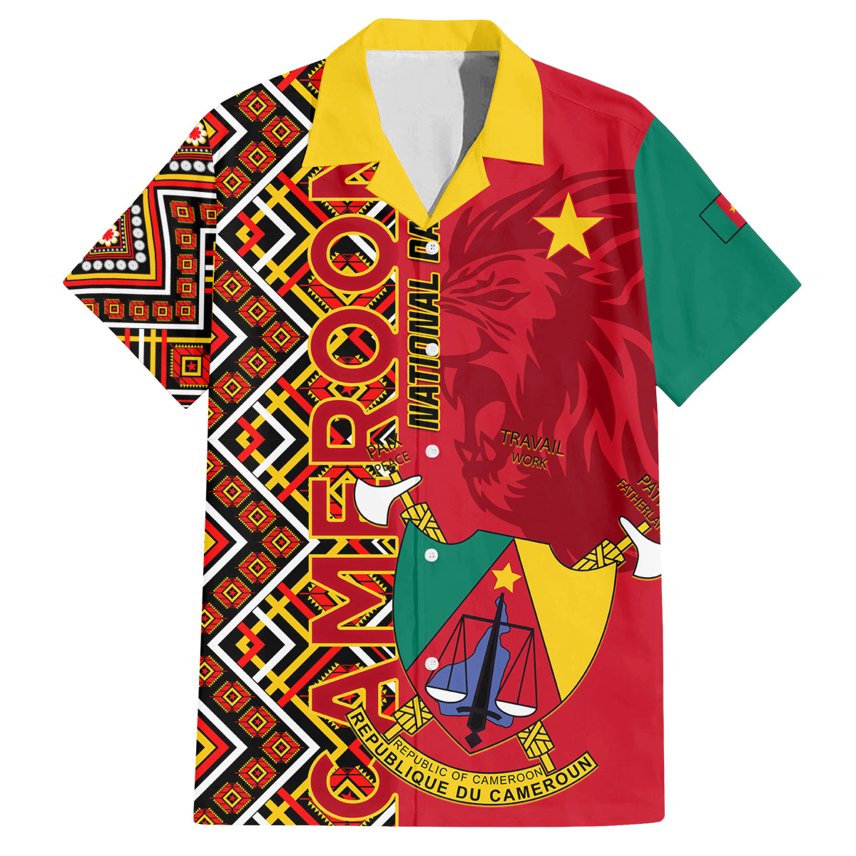 Cameroon National Day Family Matching Off Shoulder Maxi Dress and Hawaiian Shirt Cameroun Coat Of Arms Ankara Pattern - Wonder Print Shop