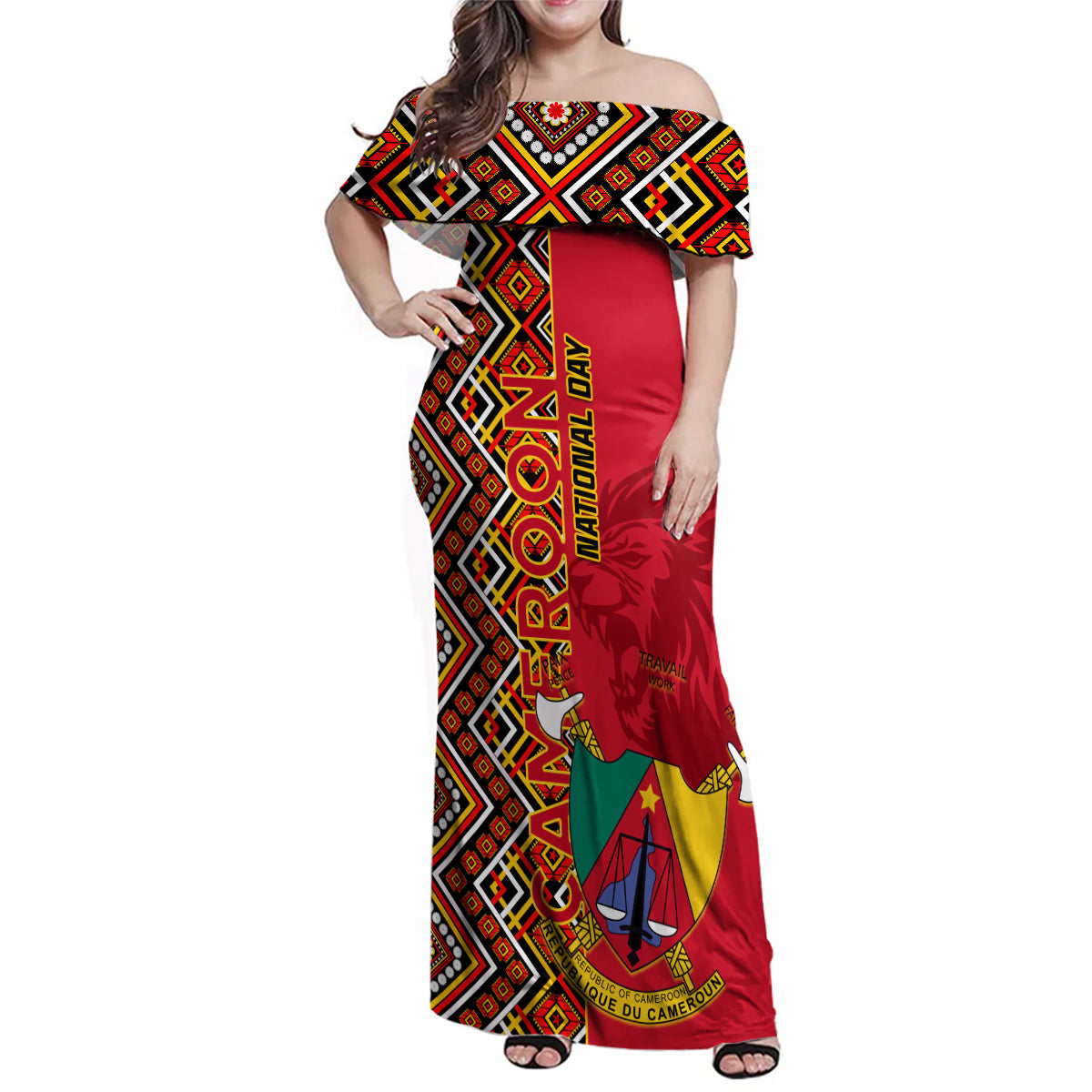 Cameroon National Day Family Matching Off Shoulder Maxi Dress and Hawaiian Shirt Cameroun Coat Of Arms Ankara Pattern - Wonder Print Shop