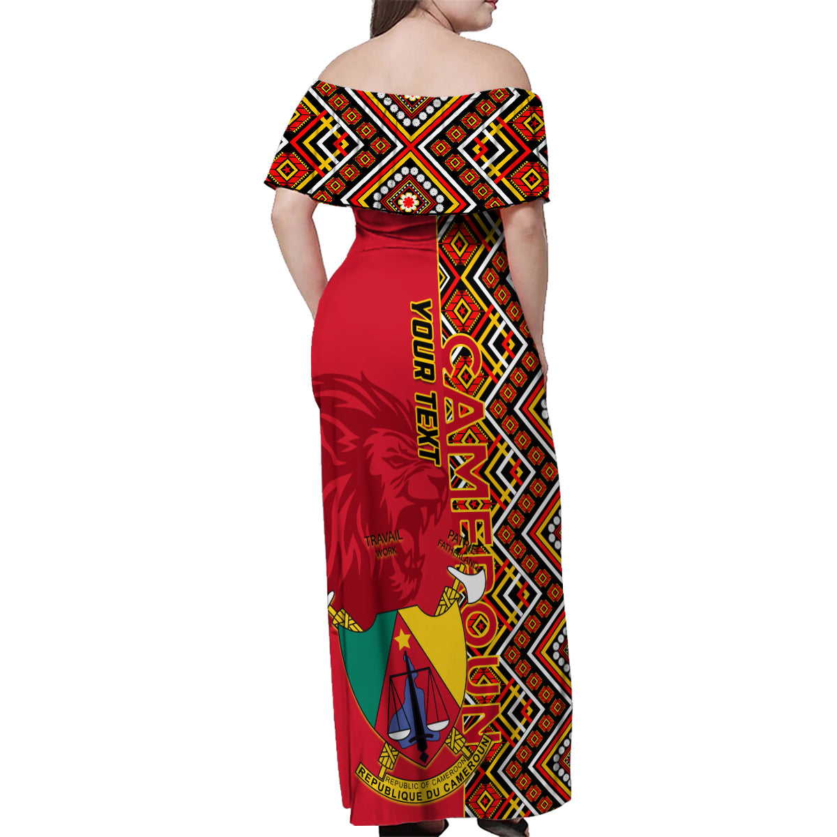 Cameroon National Day Family Matching Off Shoulder Maxi Dress and Hawaiian Shirt Cameroun Coat Of Arms Ankara Pattern - Wonder Print Shop