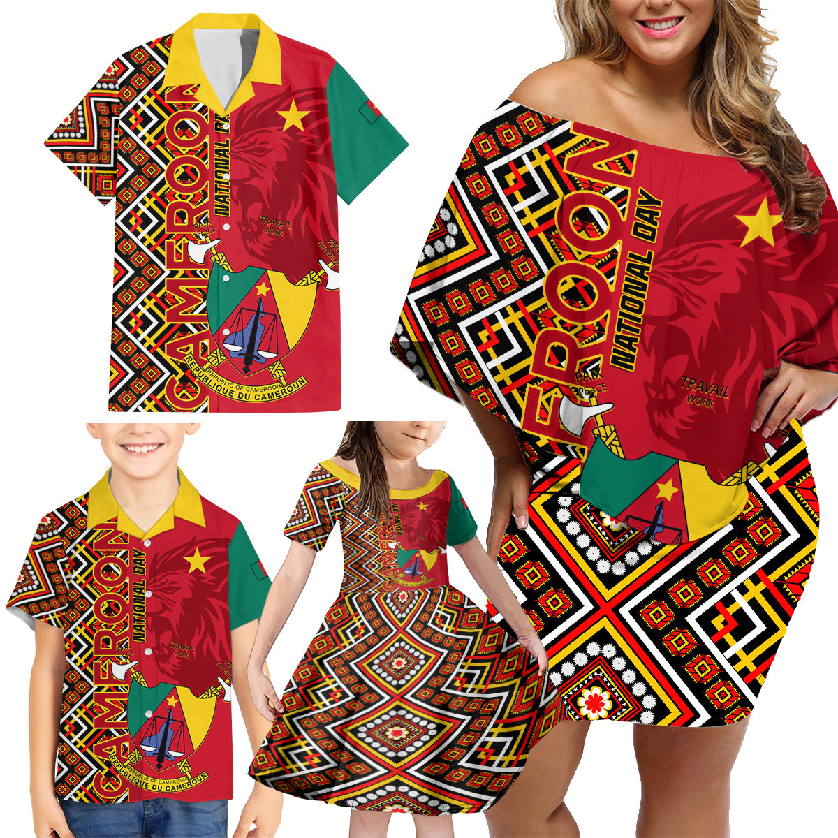 Cameroon National Day Family Matching Off Shoulder Short Dress and Hawaiian Shirt Cameroun Coat Of Arms Ankara Pattern
