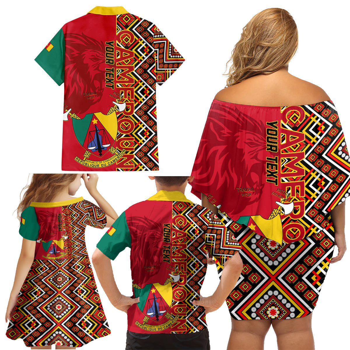 Cameroon National Day Family Matching Off Shoulder Short Dress and Hawaiian Shirt Cameroun Coat Of Arms Ankara Pattern - Wonder Print Shop