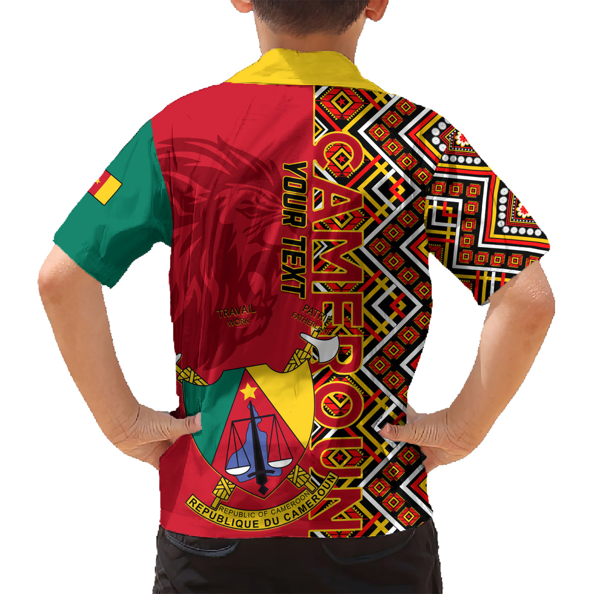 Cameroon National Day Family Matching Short Sleeve Bodycon Dress and Hawaiian Shirt Cameroun Coat Of Arms Ankara Pattern - Wonder Print Shop