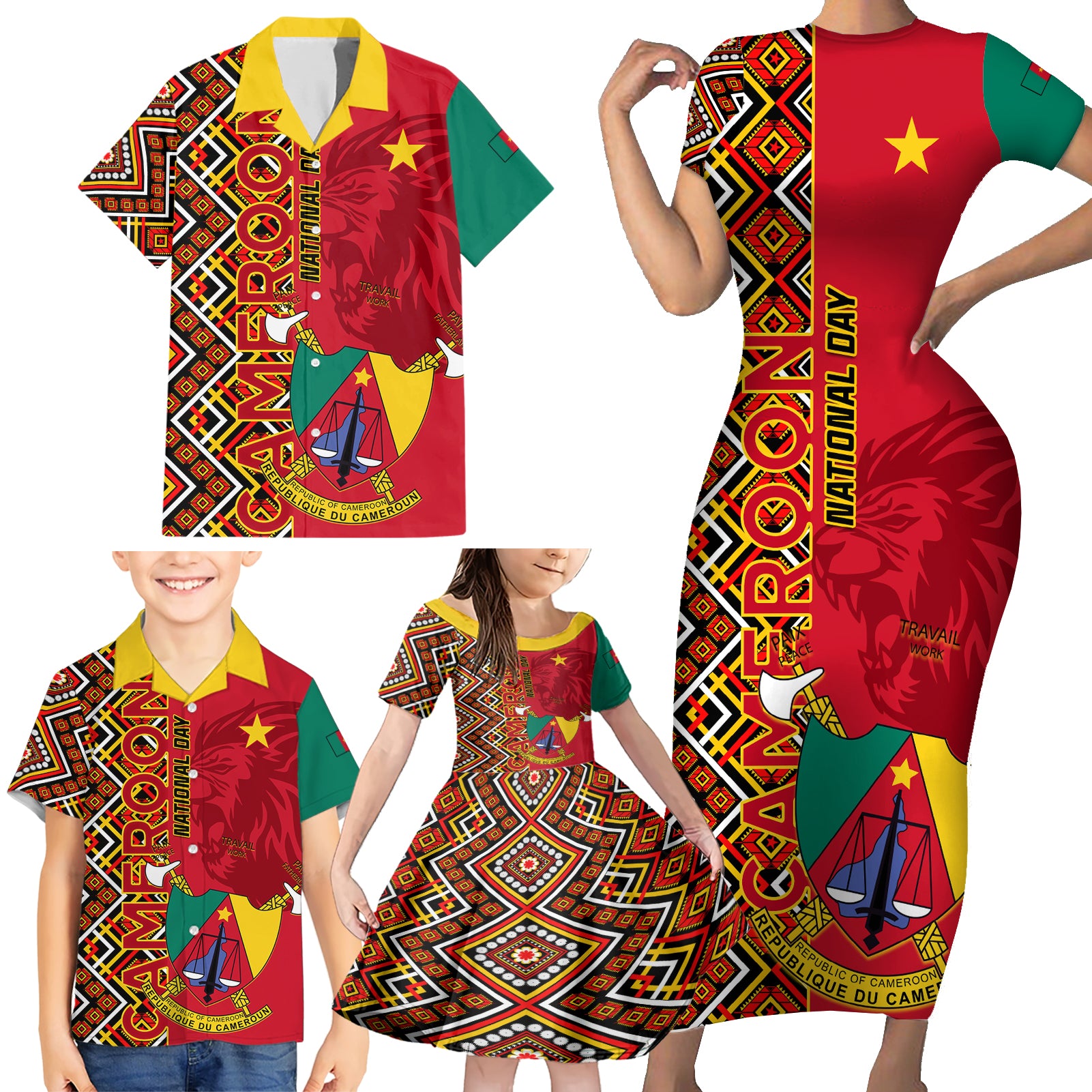 Cameroon National Day Family Matching Short Sleeve Bodycon Dress and Hawaiian Shirt Cameroun Coat Of Arms Ankara Pattern - Wonder Print Shop