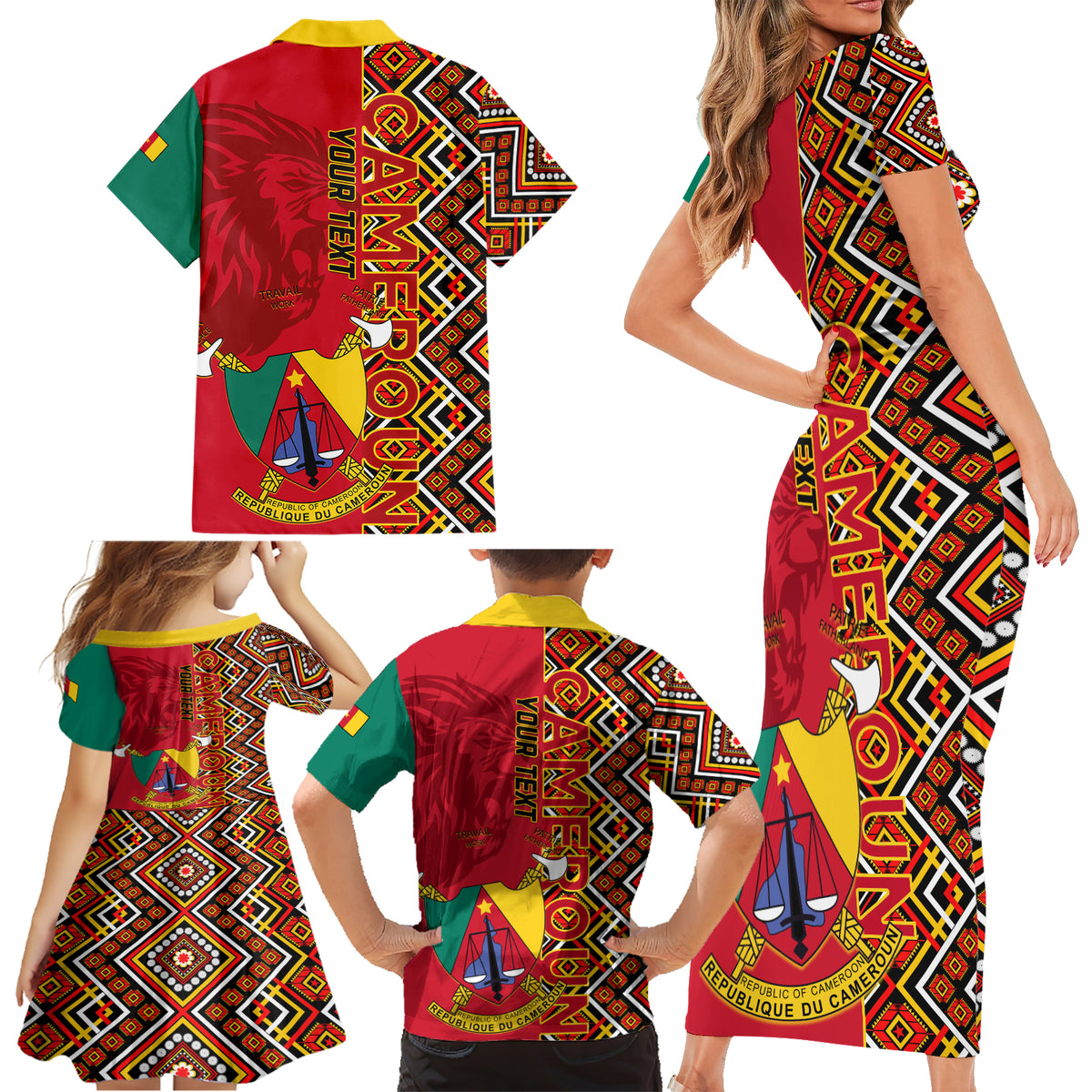 Cameroon National Day Family Matching Short Sleeve Bodycon Dress and Hawaiian Shirt Cameroun Coat Of Arms Ankara Pattern - Wonder Print Shop
