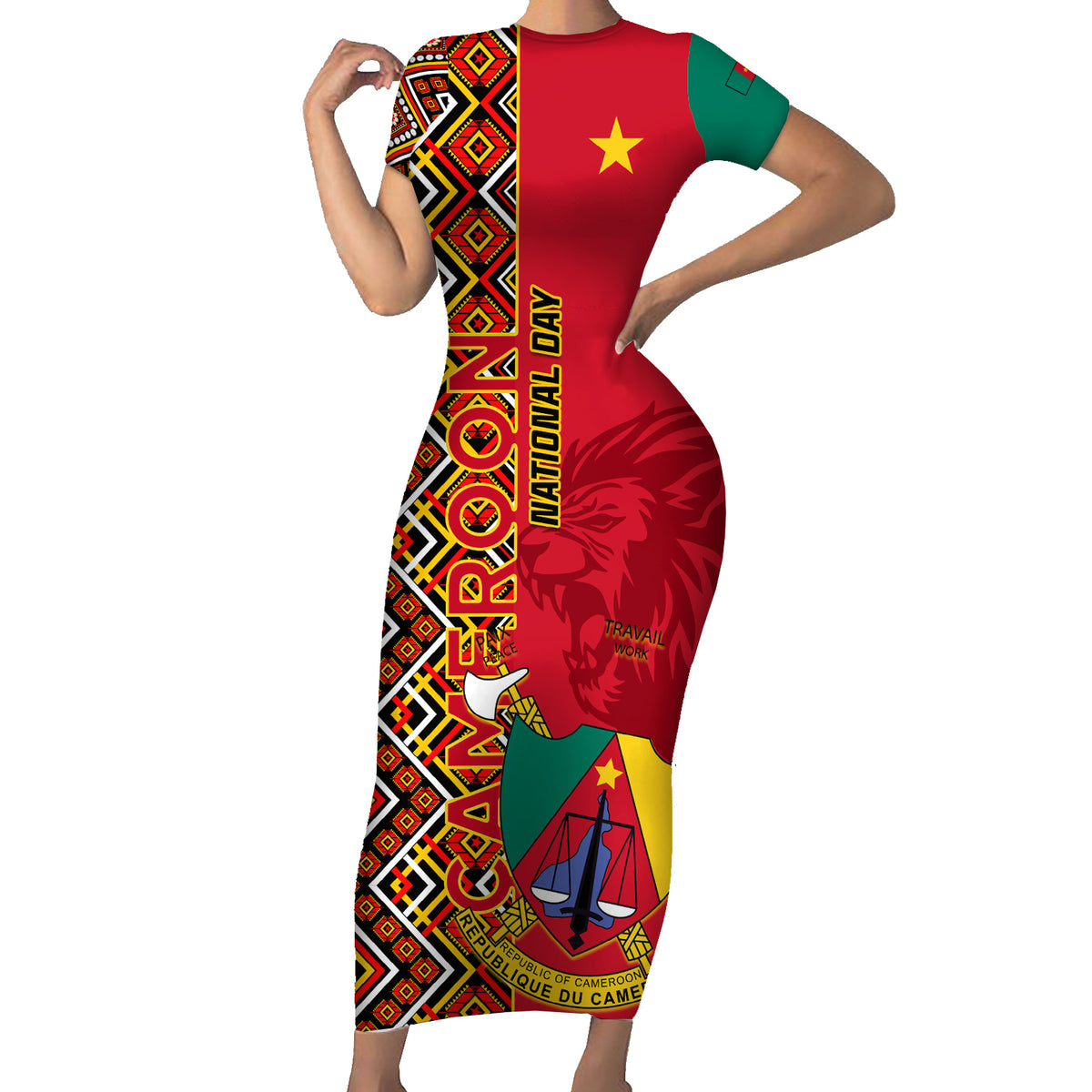 Cameroon National Day Family Matching Short Sleeve Bodycon Dress and Hawaiian Shirt Cameroun Coat Of Arms Ankara Pattern - Wonder Print Shop