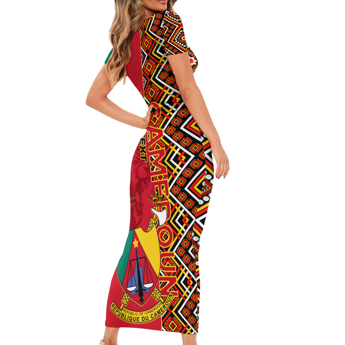 Cameroon National Day Family Matching Short Sleeve Bodycon Dress and Hawaiian Shirt Cameroun Coat Of Arms Ankara Pattern - Wonder Print Shop
