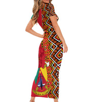 Cameroon National Day Family Matching Short Sleeve Bodycon Dress and Hawaiian Shirt Cameroun Coat Of Arms Ankara Pattern - Wonder Print Shop