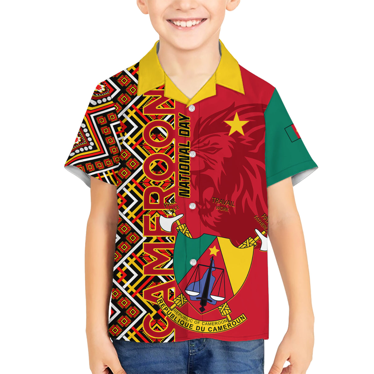 Cameroon National Day Family Matching Short Sleeve Bodycon Dress and Hawaiian Shirt Cameroun Coat Of Arms Ankara Pattern - Wonder Print Shop