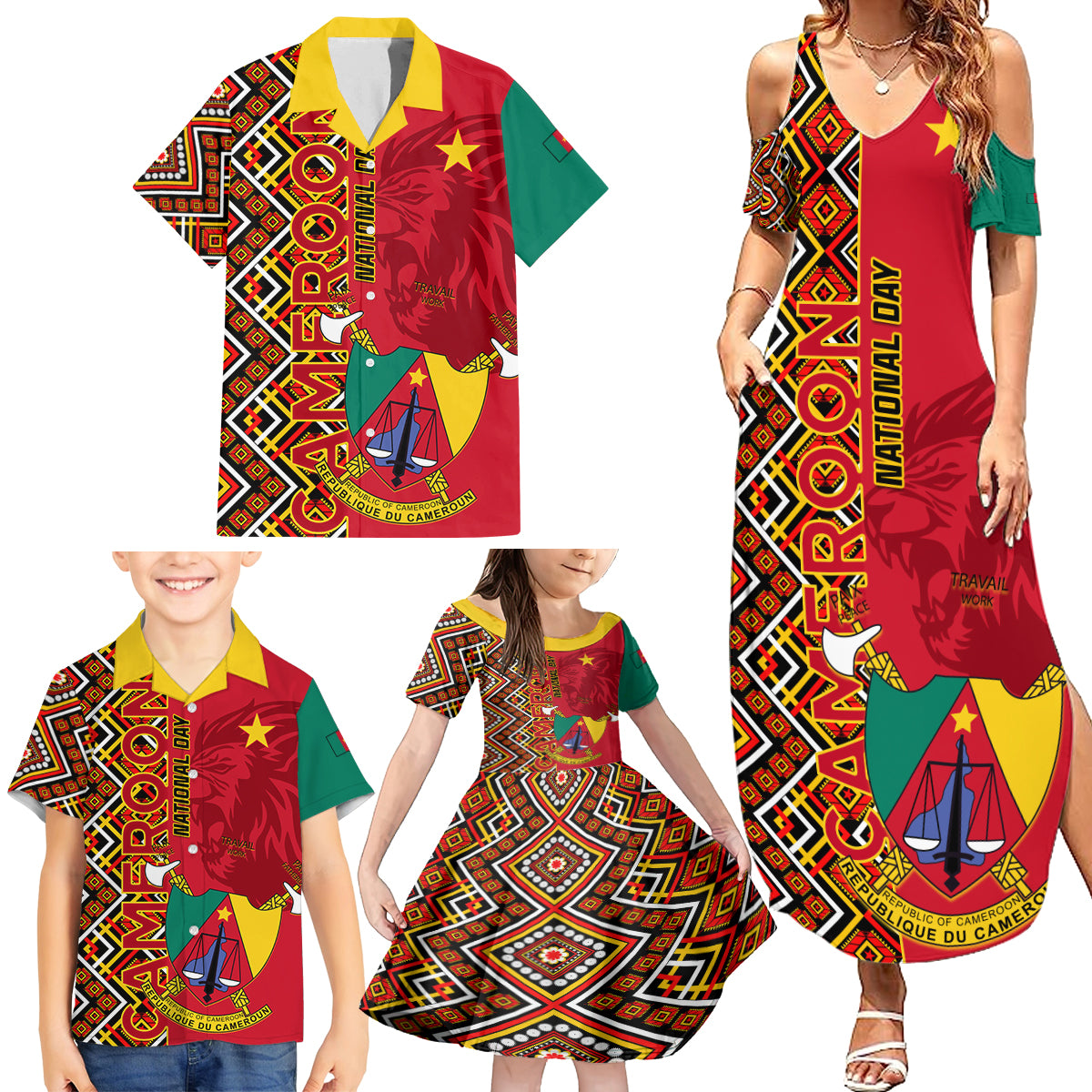 Cameroon National Day Family Matching Summer Maxi Dress and Hawaiian Shirt Cameroun Coat Of Arms Ankara Pattern - Wonder Print Shop