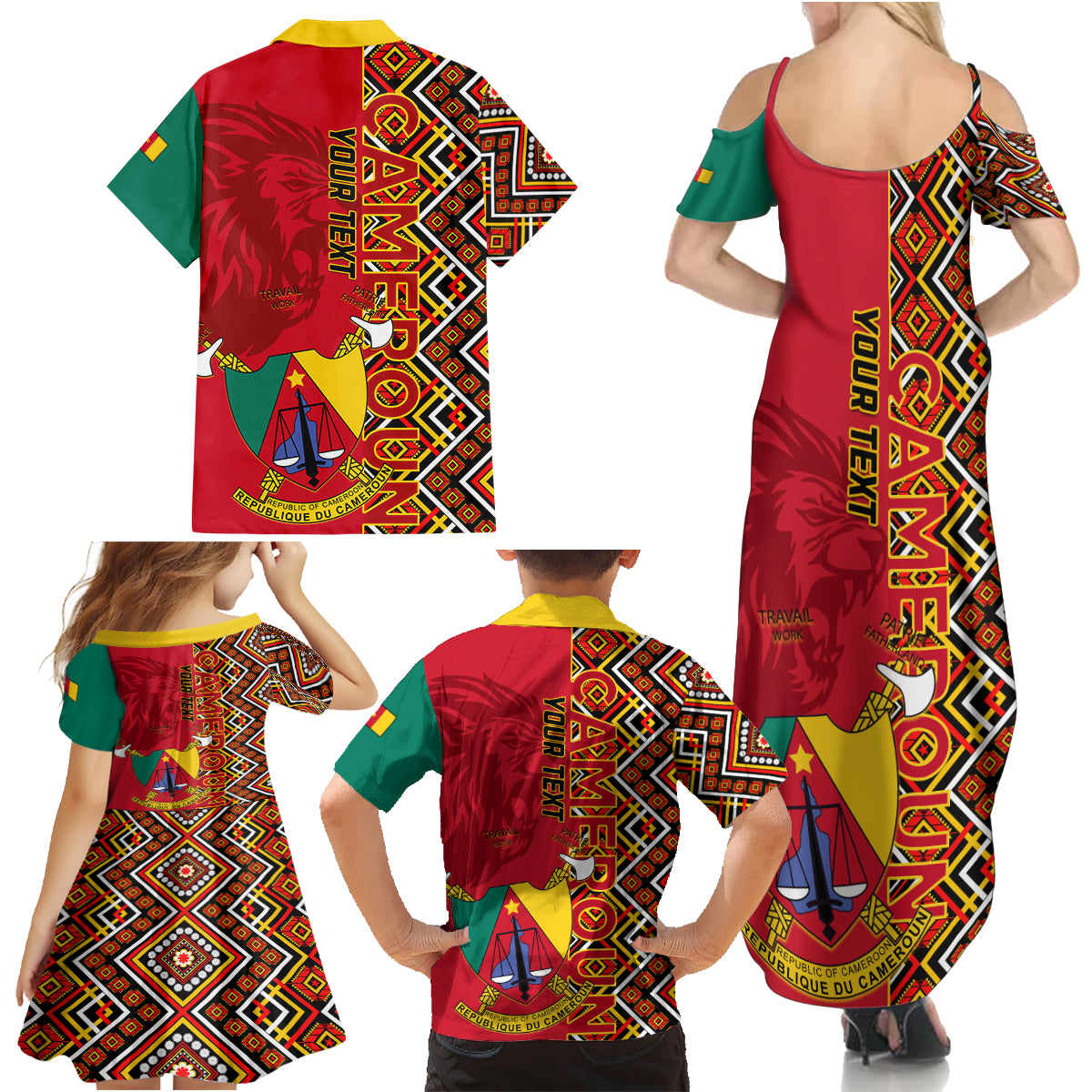 Cameroon National Day Family Matching Summer Maxi Dress and Hawaiian Shirt Cameroun Coat Of Arms Ankara Pattern - Wonder Print Shop