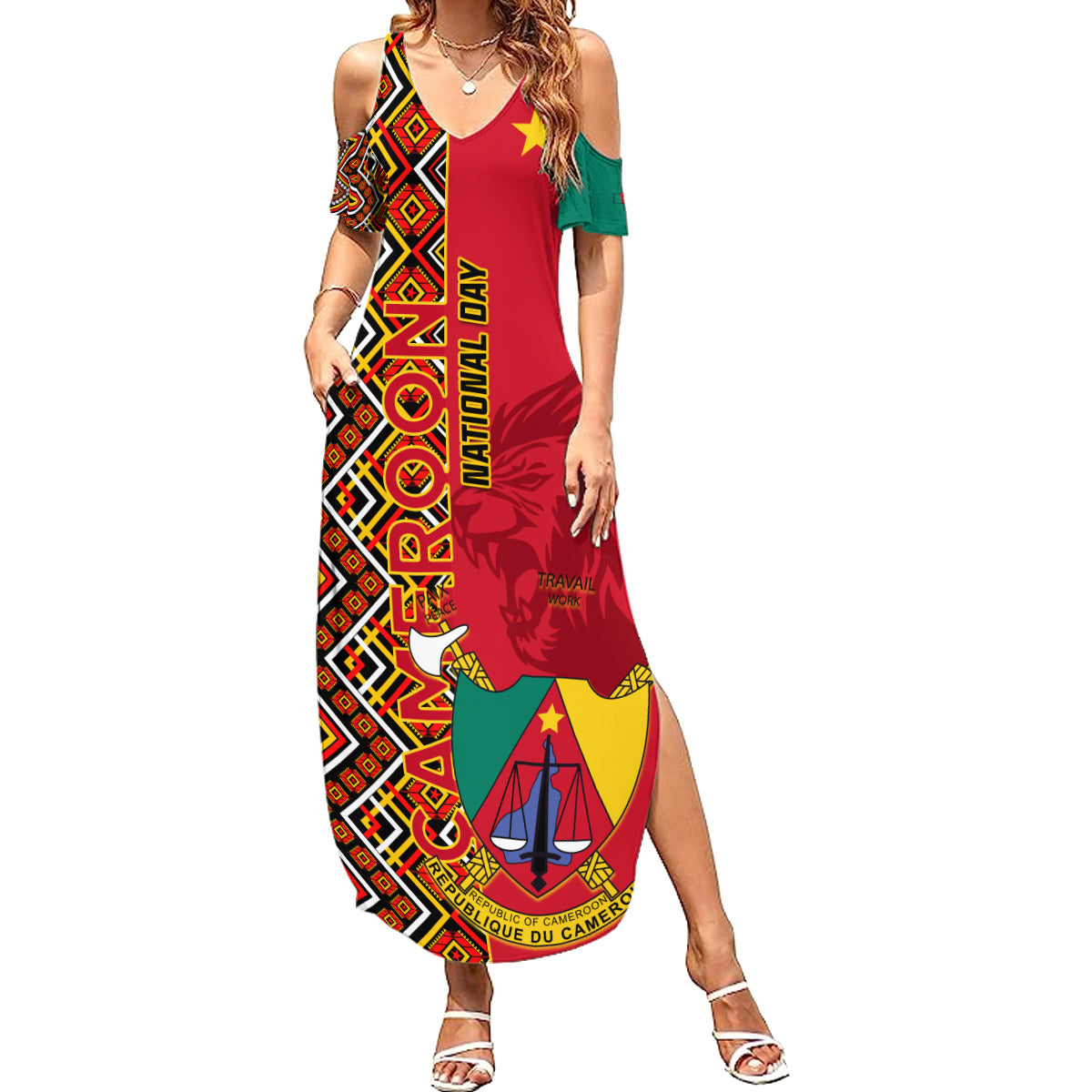 Cameroon National Day Family Matching Summer Maxi Dress and Hawaiian Shirt Cameroun Coat Of Arms Ankara Pattern - Wonder Print Shop
