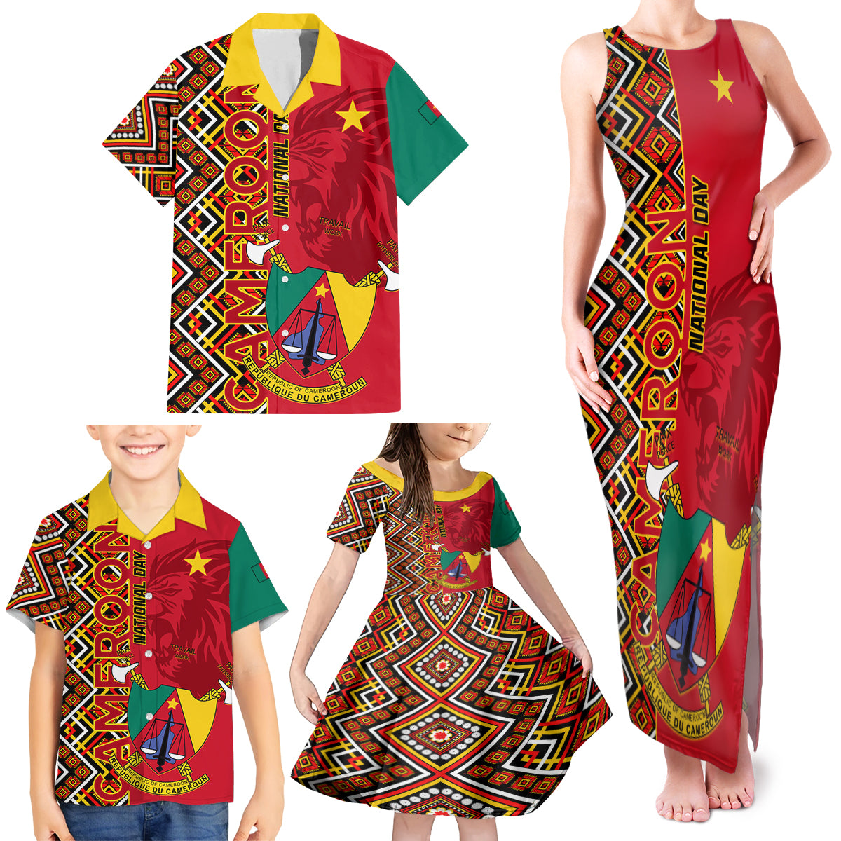 Cameroon National Day Family Matching Tank Maxi Dress and Hawaiian Shirt Cameroun Coat Of Arms Ankara Pattern - Wonder Print Shop