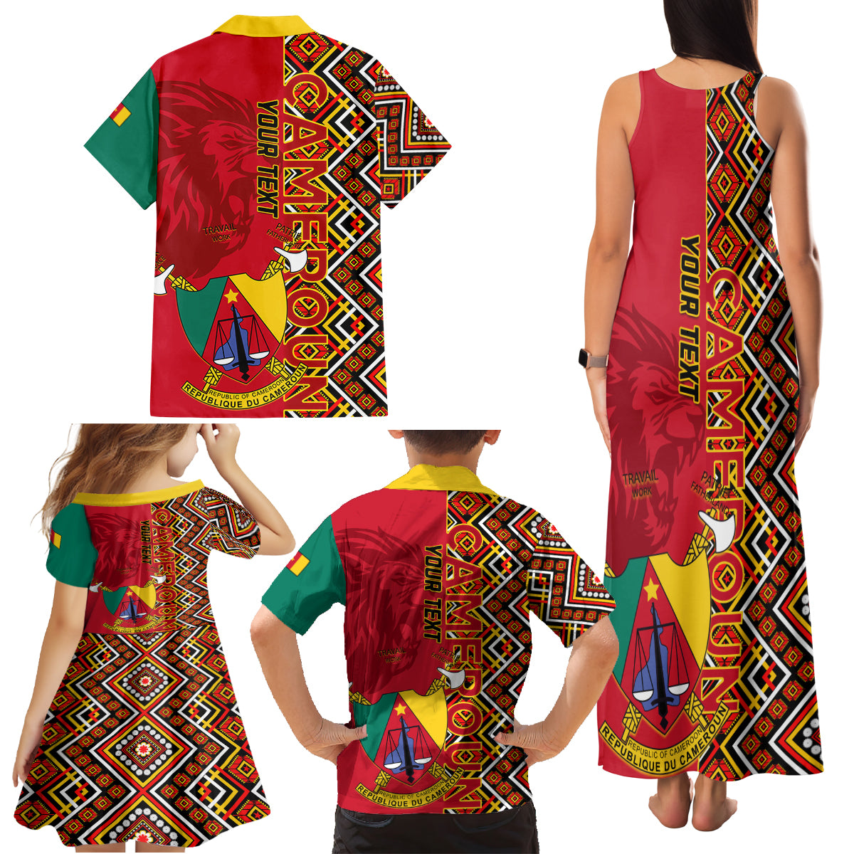 Cameroon National Day Family Matching Tank Maxi Dress and Hawaiian Shirt Cameroun Coat Of Arms Ankara Pattern - Wonder Print Shop