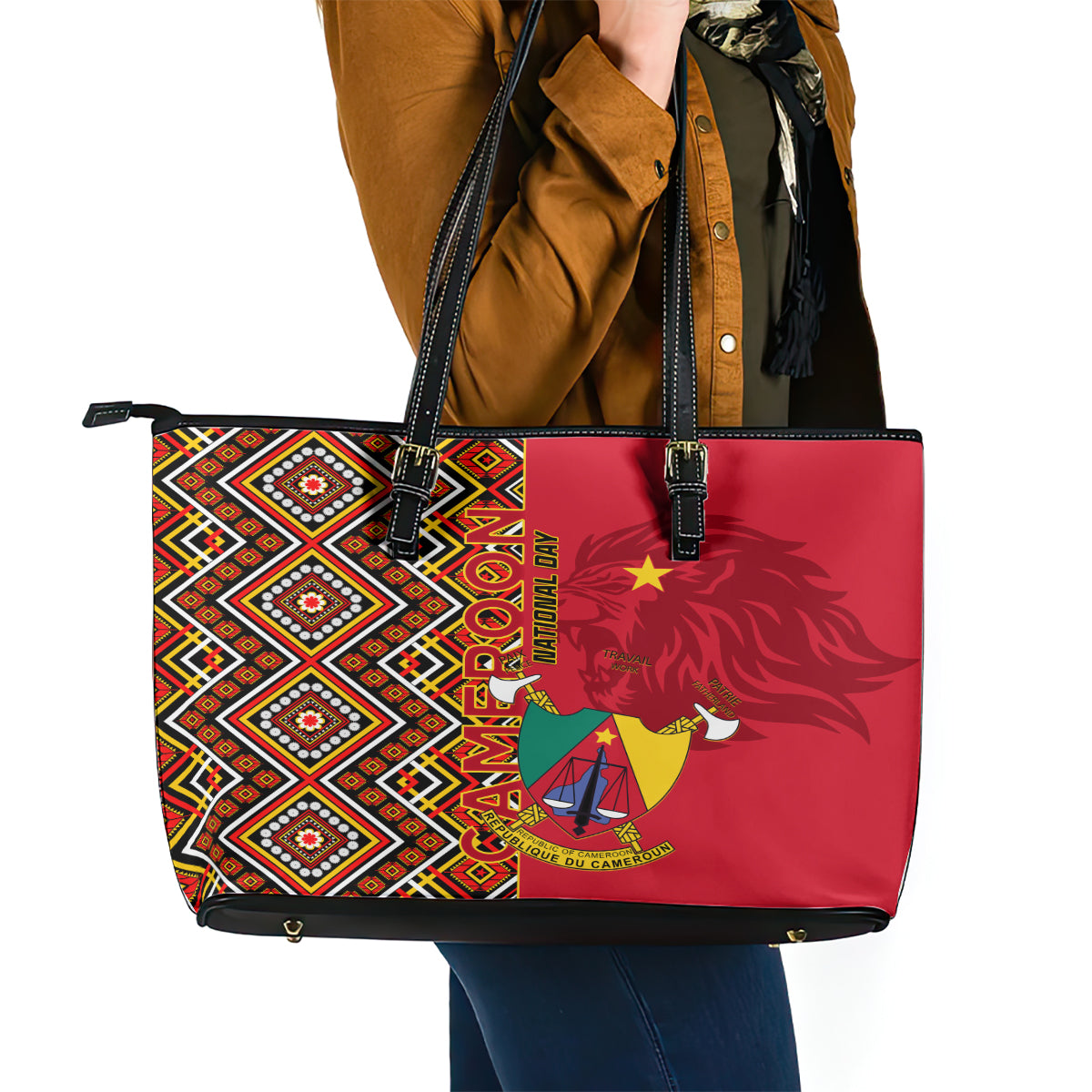 Cameroon National Day Leather Tote Bag Cameroun Coat Of Arms Ankara Pattern - Wonder Print Shop