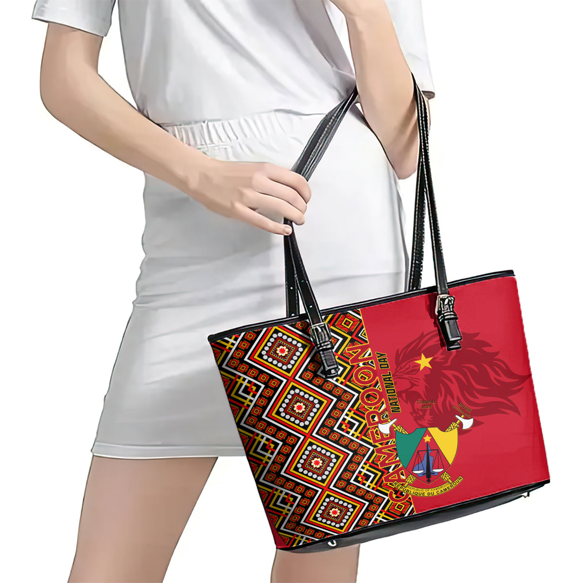 Cameroon National Day Leather Tote Bag Cameroun Coat Of Arms Ankara Pattern - Wonder Print Shop