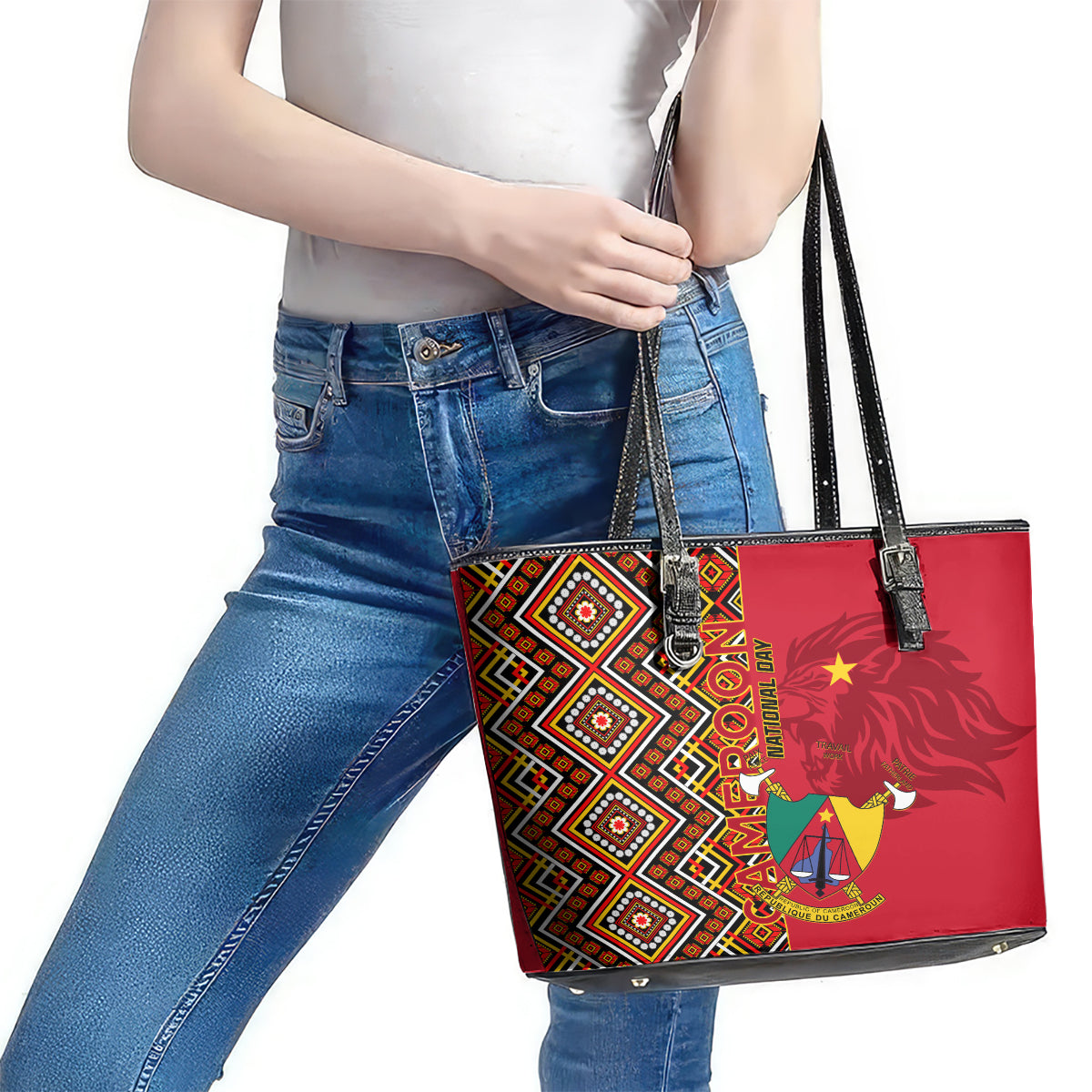 Cameroon National Day Leather Tote Bag Cameroun Coat Of Arms Ankara Pattern - Wonder Print Shop