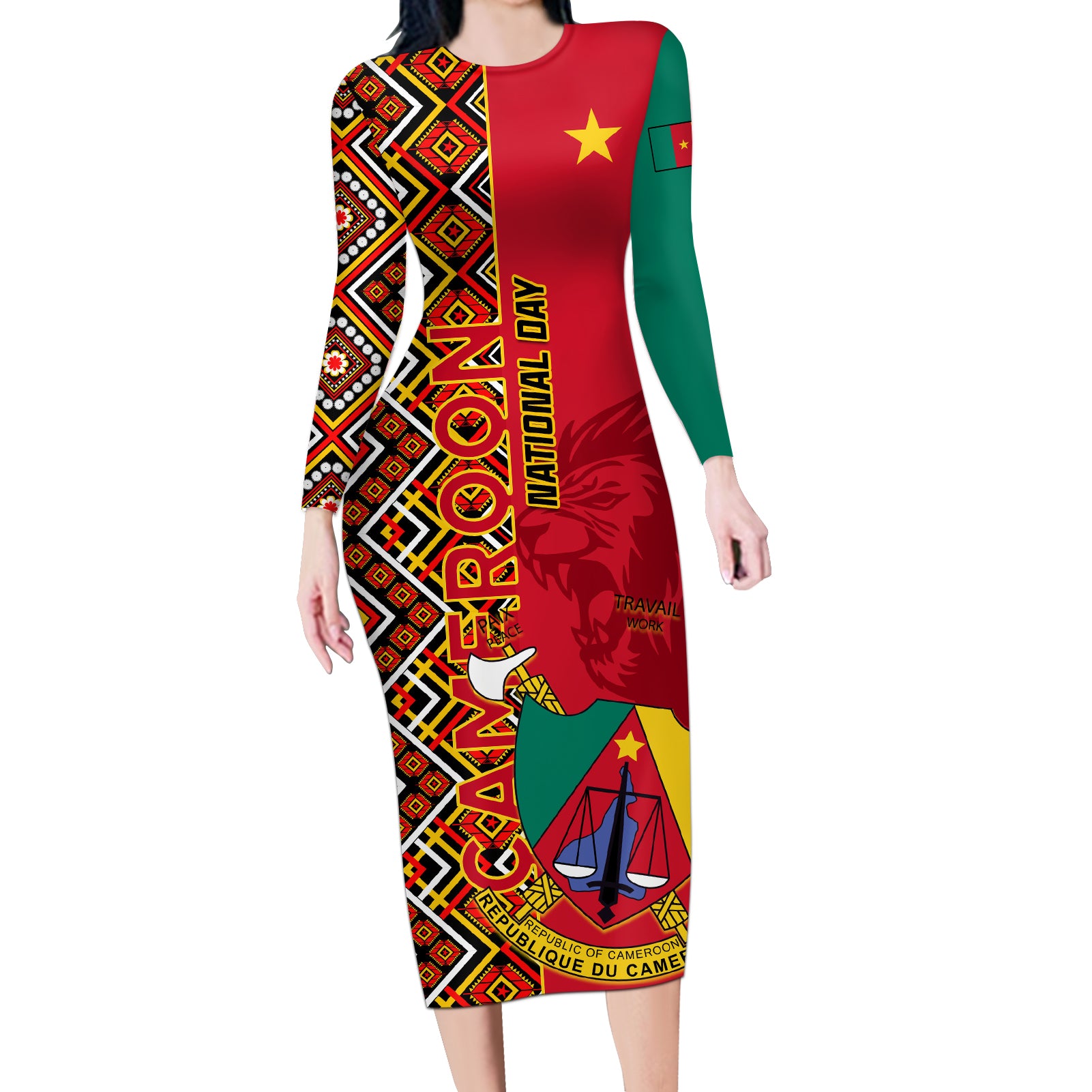 Cameroon National Day Long Sleeve Bodycon Dress Cameroun Coat Of Arms Ankara Pattern