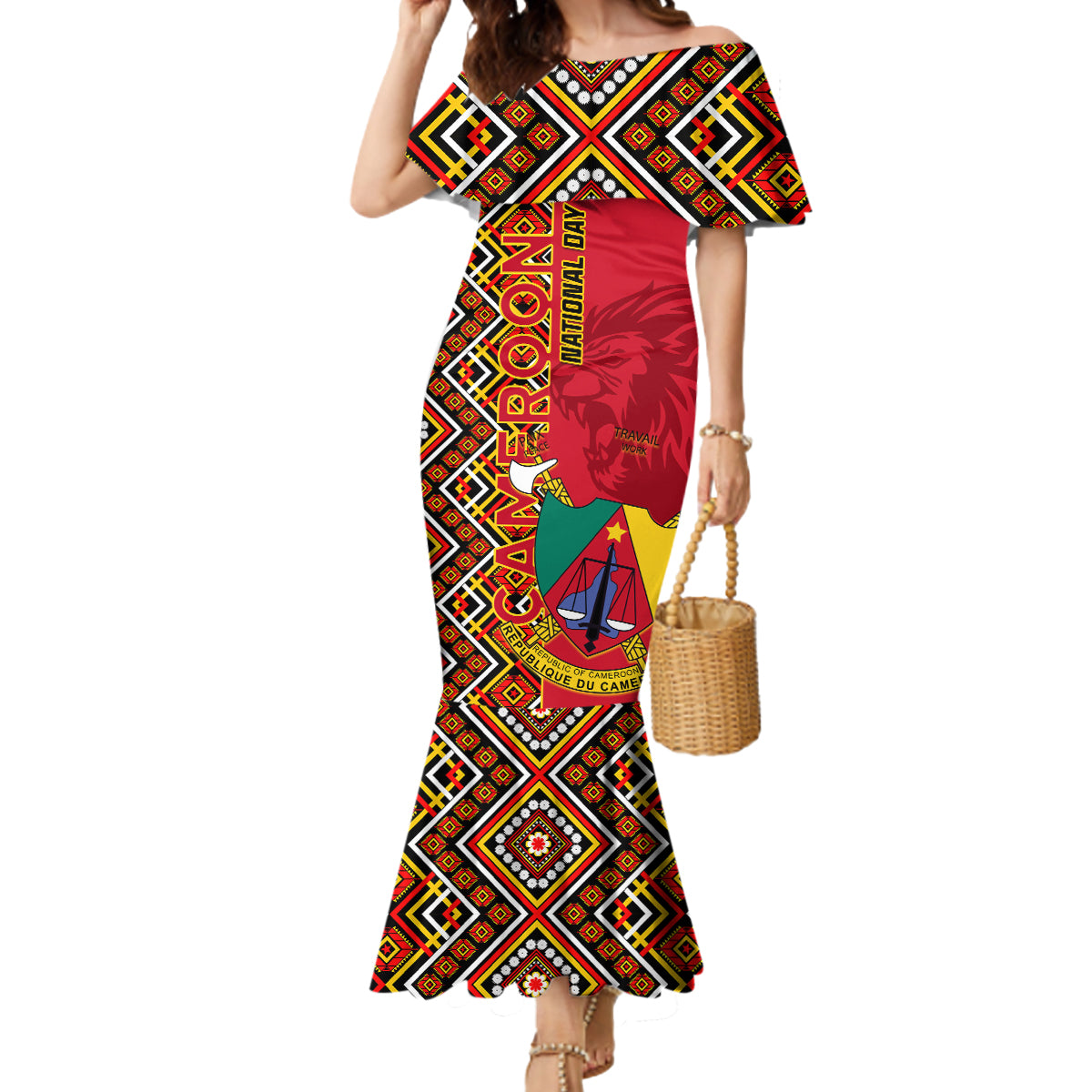 Cameroon National Day Mermaid Dress Cameroun Coat Of Arms Ankara Pattern - Wonder Print Shop