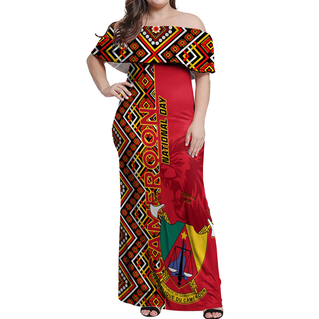 Cameroon National Day Off Shoulder Maxi Dress Cameroun Coat Of Arms Ankara Pattern - Wonder Print Shop
