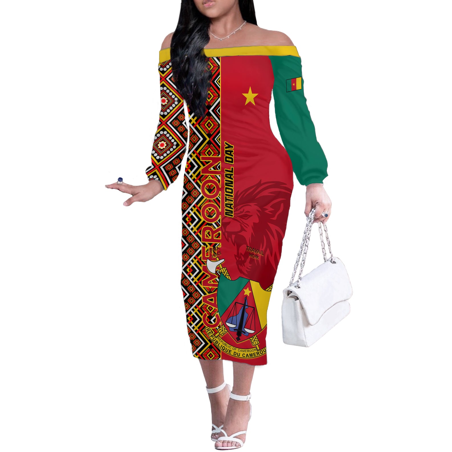 Cameroon National Day Off The Shoulder Long Sleeve Dress Cameroun Coat Of Arms Ankara Pattern - Wonder Print Shop