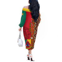 Cameroon National Day Off The Shoulder Long Sleeve Dress Cameroun Coat Of Arms Ankara Pattern - Wonder Print Shop