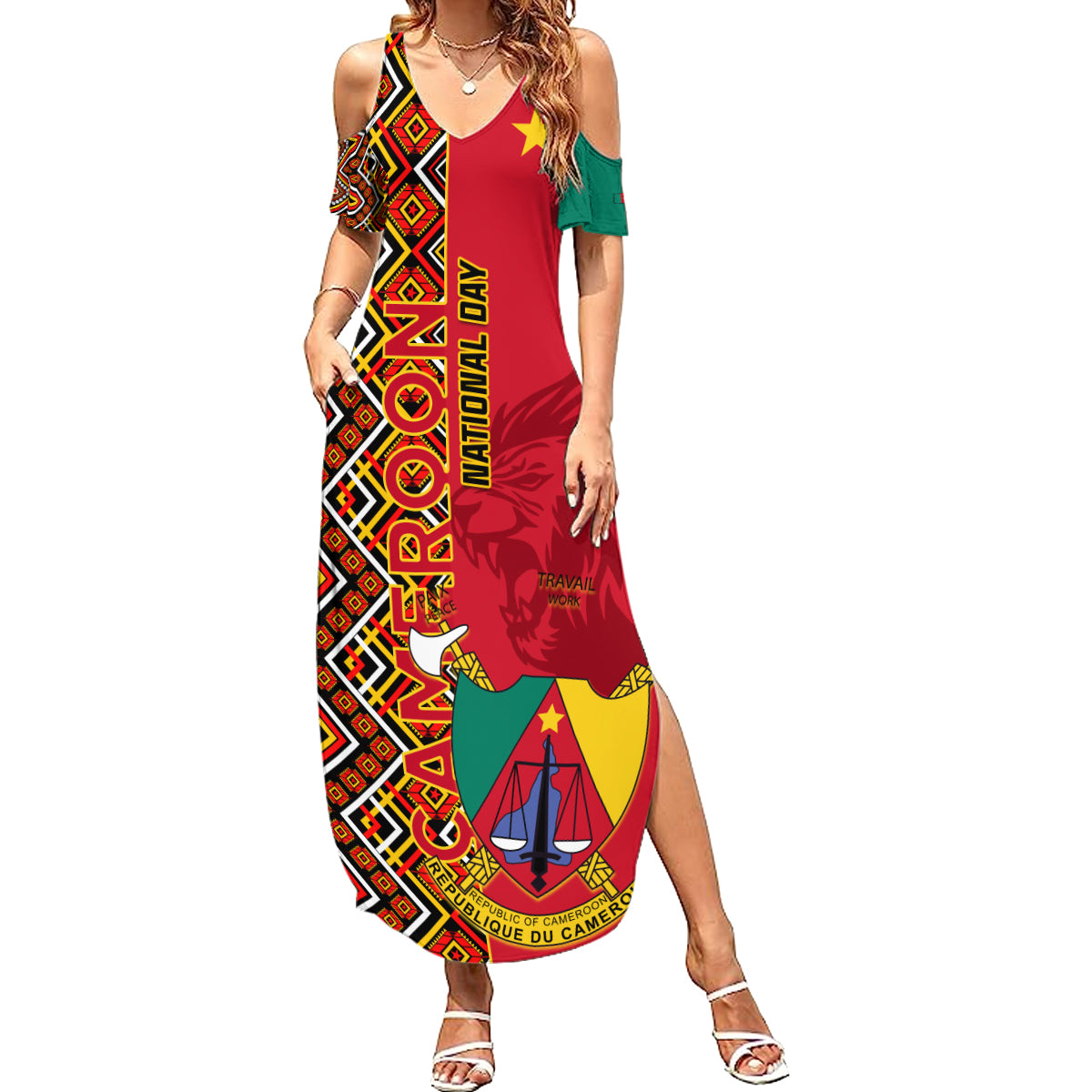 Cameroon National Day Summer Maxi Dress Cameroun Coat Of Arms Ankara Pattern