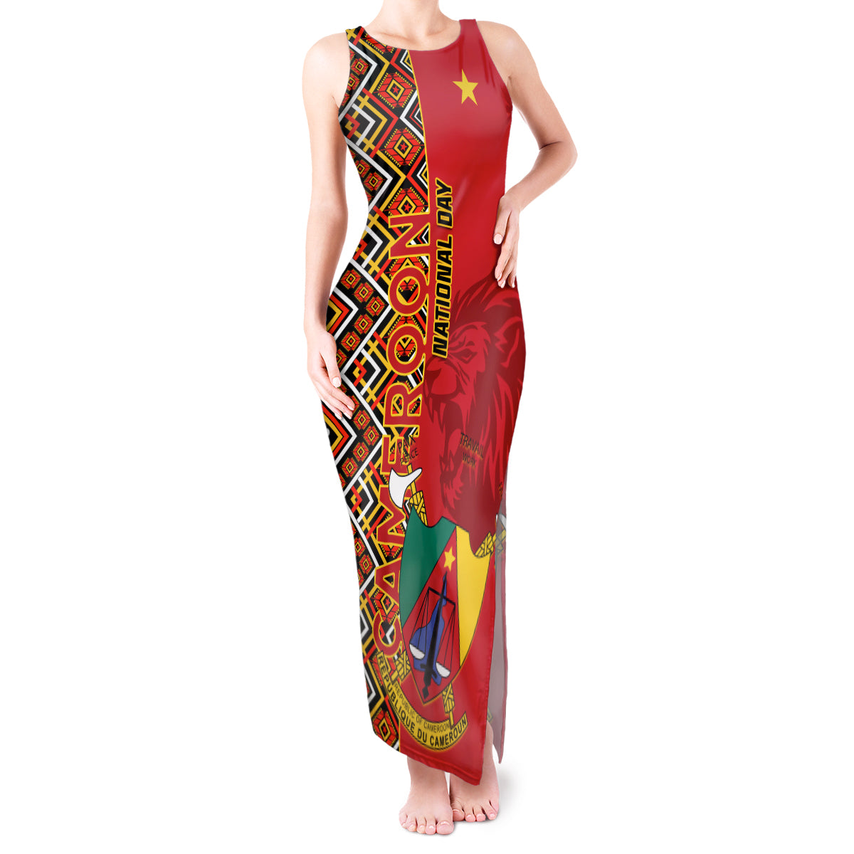 Cameroon National Day Tank Maxi Dress Cameroun Coat Of Arms Ankara Pattern - Wonder Print Shop