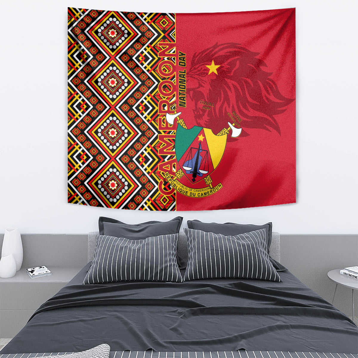 Cameroon National Day Tapestry Cameroun Coat Of Arms Ankara Pattern - Wonder Print Shop