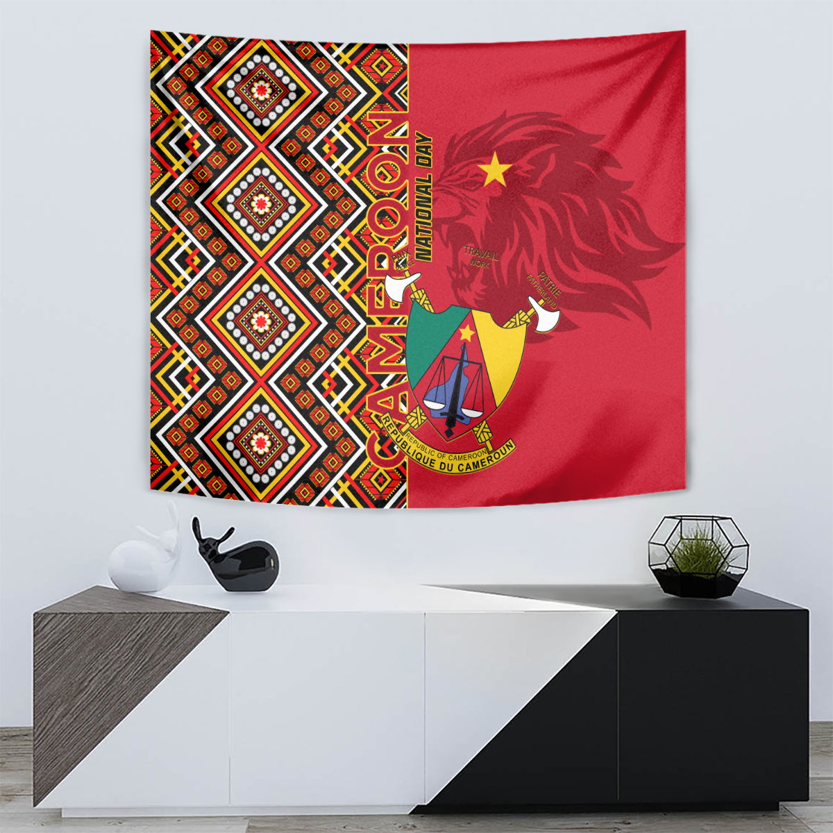 Cameroon National Day Tapestry Cameroun Coat Of Arms Ankara Pattern - Wonder Print Shop