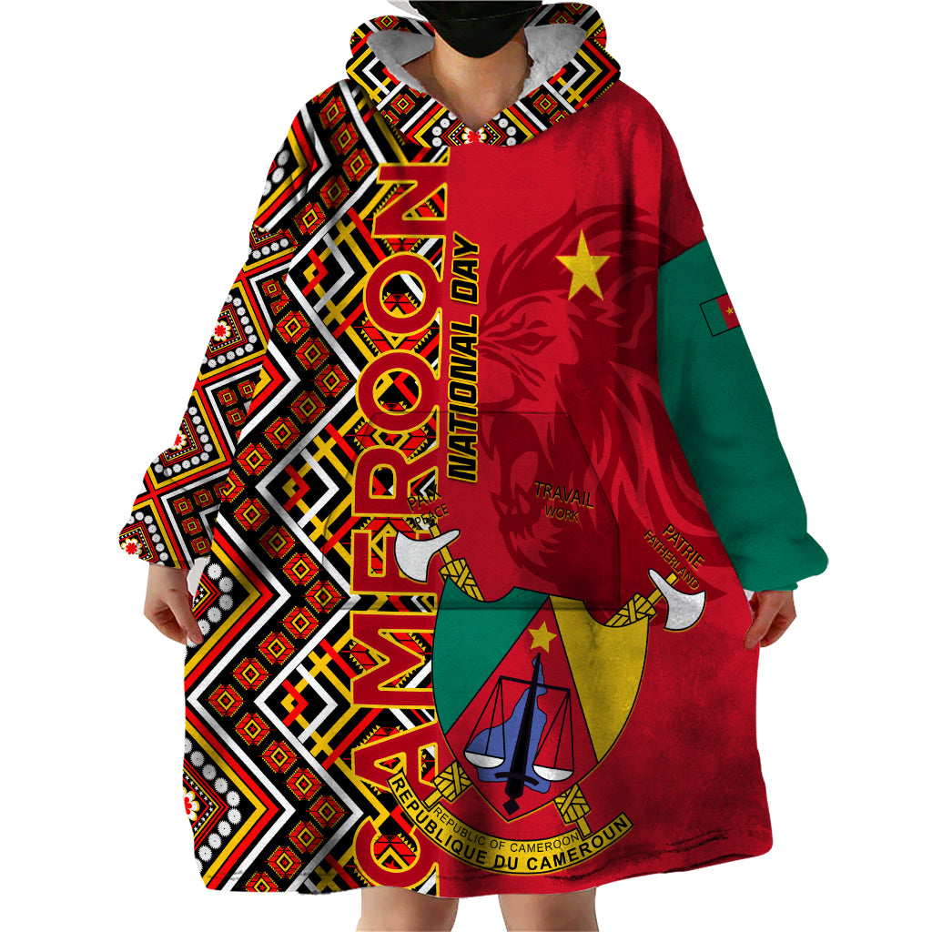 Cameroon National Day Wearable Blanket Hoodie Cameroun Coat Of Arms Ankara Pattern - Wonder Print Shop