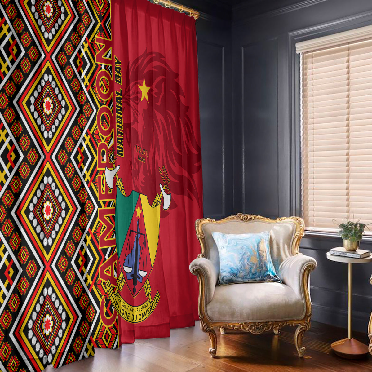 Cameroon National Day Window Curtain Cameroun Coat Of Arms Ankara Pattern - Wonder Print Shop
