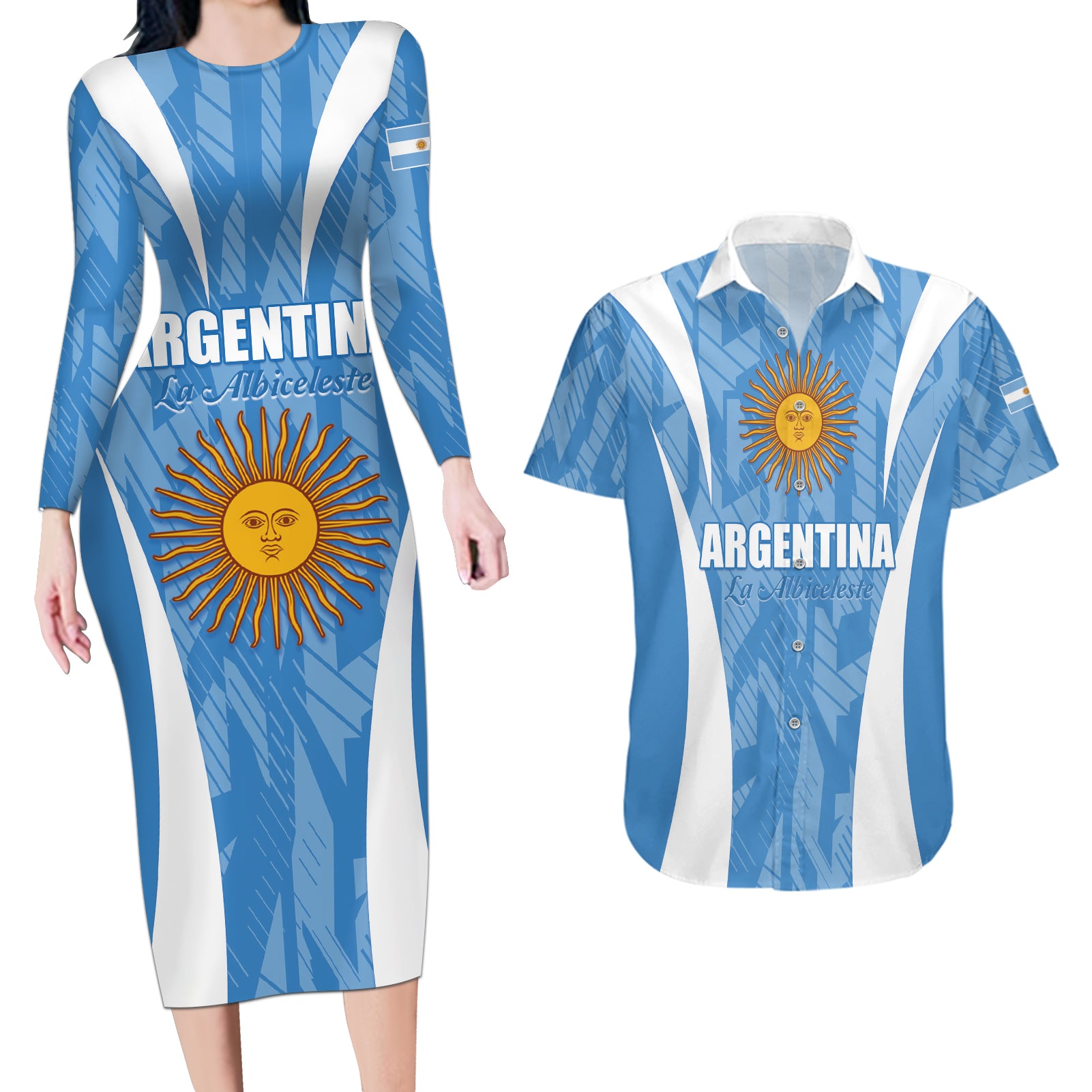 Personalized Argentina 2024 Couples Matching Long Sleeve Bodycon Dress and Hawaiian Shirt Vamos La Albiceleste Campeon