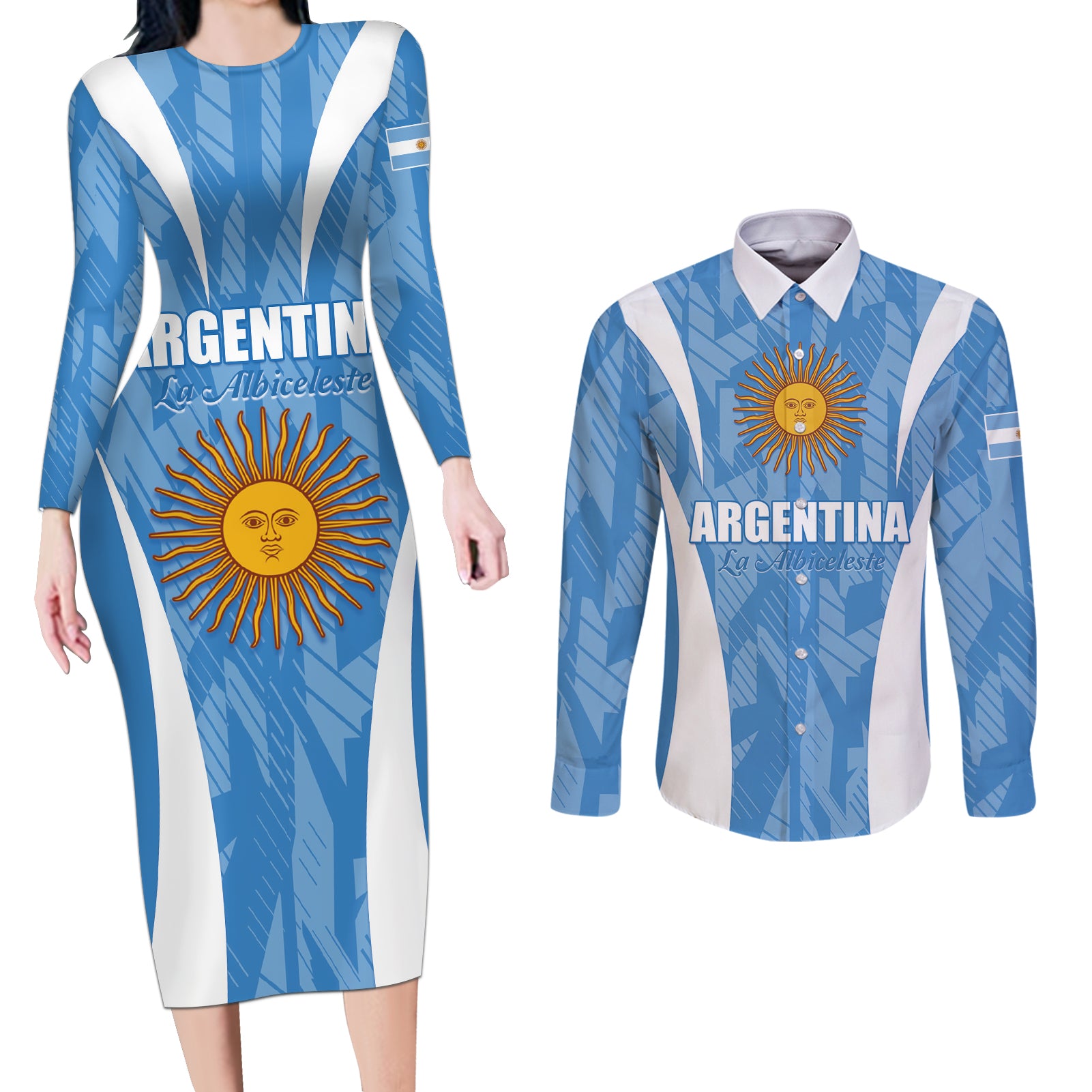 Personalized Argentina 2024 Couples Matching Long Sleeve Bodycon Dress and Long Sleeve Button Shirt Vamos La Albiceleste Campeon
