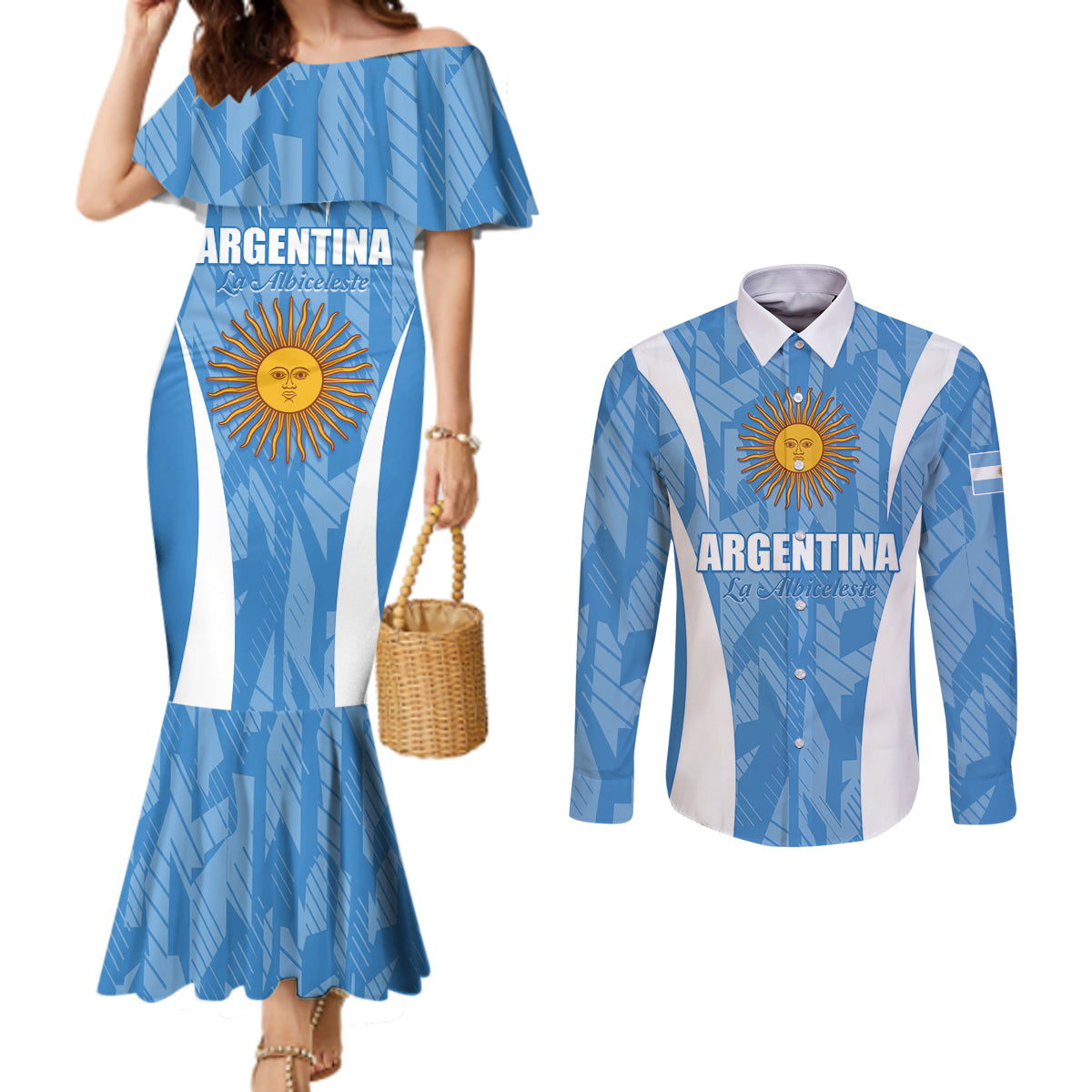 Personalized Argentina 2024 Couples Matching Mermaid Dress and Long Sleeve Button Shirt Vamos La Albiceleste Campeon
