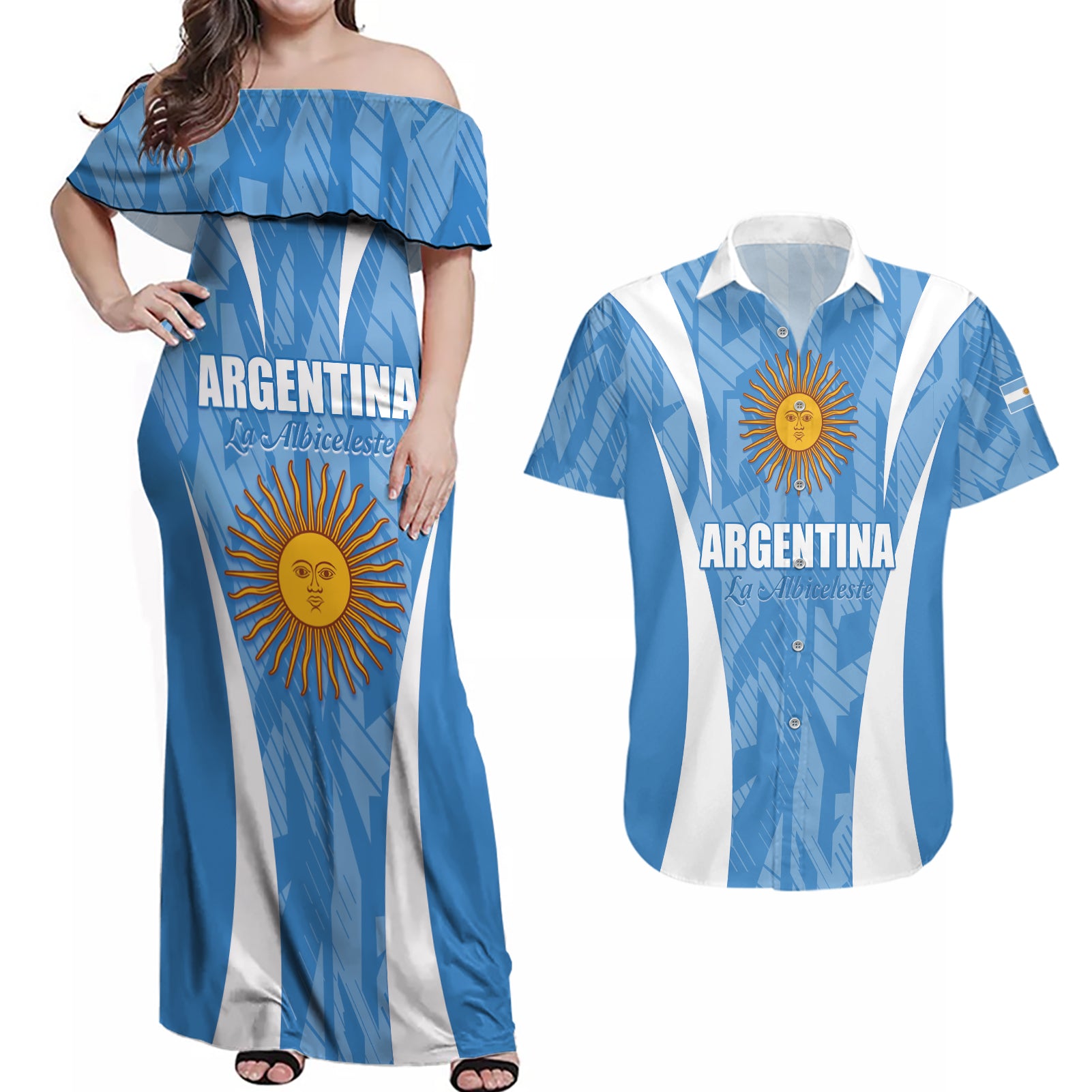 Personalized Argentina 2024 Couples Matching Off Shoulder Maxi Dress and Hawaiian Shirt Vamos La Albiceleste Campeon