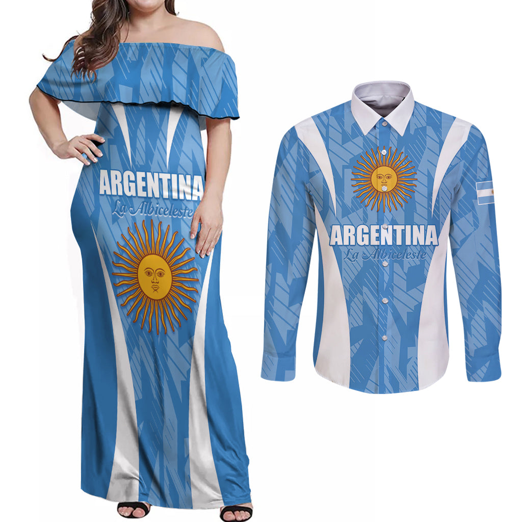 Personalized Argentina 2024 Couples Matching Off Shoulder Maxi Dress and Long Sleeve Button Shirt Vamos La Albiceleste Campeon
